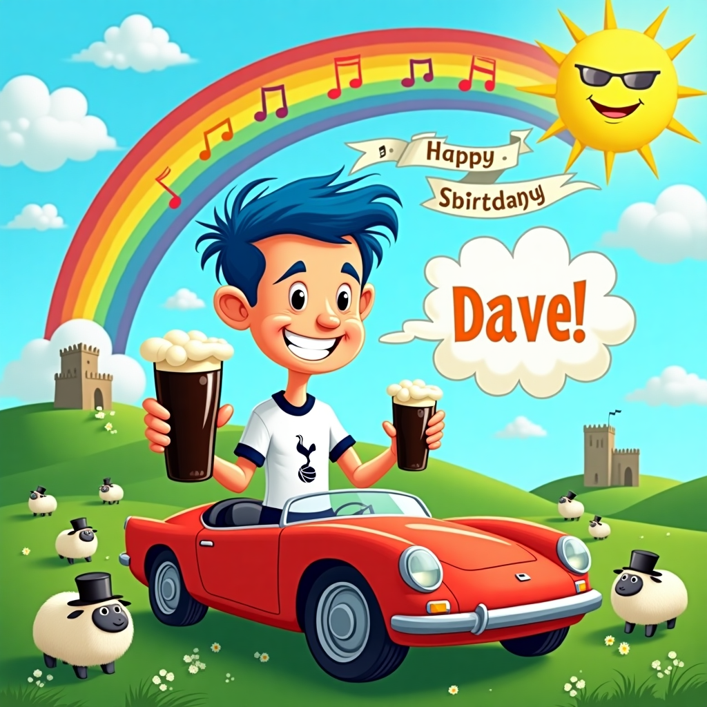The front cover of the birthday card bursts with vibrant colors and exaggerated features, drawing inspiration from classic cartoon styles.

**Foreground Elements:**
1. **Central Character - Dave**: A cartoonishly large-headed figure is depicted wearing a Tottenham Hotspur shirt, with the team’s emblem boldly printed. He has exaggerated, oversized ears and a playful, cheeky grin. His hair is spiky and bright blue, reminiscent of a classic cartoon hero.

2. **Guinness Pint**: In Dave's hand is an oversized pint of Guinness, with the foam cascading exaggeratedly over the brim, almost forming the shape of a fluffy cloud.

3. **Sports Car**: Next to Dave, a bright red sports car is illustrated with cartoonishly large wheels, a nod to the speedy nature. The car's design is simple yet sleek, with an open roof. A small, white banner flies from the rear, flapping wildly in the wind with the name "Dave" boldly written in a playful, handwritten font.

**Background Elements:**
1. **Irish Landscape**: In the background, lush green hills roll softly, dotted with tiny, white fluffy sheep that each sport tiny top hats. A distant, small castle-like structure can be seen perched on a hill, hinting at the Irish theme.

2. **Music Elements**: Floating above Dave, a speech bubble-like cloud carries musical notes and the word "Oasis" in stylized, bold letters, suggesting the sounds of the iconic band. The notes dance across the sky as if blown by the wind.

3. **Additional Details**: A rainbow arches across the sky, connecting the scene from one side to the other, its colors rich and vibrant. Nestled within the rainbow, in a distinct, yet playful font, are the words "Happy Birthday" in bold, cheerful colors.

4. **Sky and Horizon**: The sky is a clear, bright blue with a few fluffy, white clouds drifting lazily. A large sun, drawn with a smiley face and wearing tiny sunglasses, shines brightly in the top corner of the card.

The card's design is playful and filled with lively, exaggerated features, capturing a sense of fun and celebration.
Generated with these themes: Drinking Guinness in Ireland, Driving car quickly, Listening to Oasis, and Wearing a Tottenham Hotspur shirtr .
Made with ❤️ by AI.