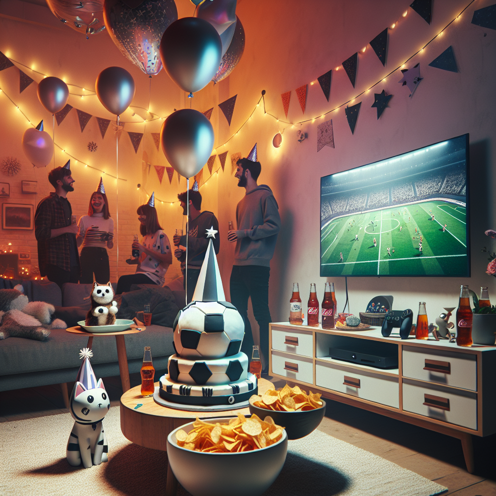An intimate birthday celebration taking place in a warmly lit corner of a room. Decorations subtly hinting at a space theme, including festive banners and balloons with unconventional shapes, lend a unique charm to the setting. A modern gaming console can be seen beneath a TV, signaling a fun-filled invitation for attendees. There's amicable jesting over football while partygoers indulge in bowls heaped with assorted chips. In the midst of this, a monochrome cake styled like an owl catches the eye, nestled alongside frosty bottles of a popular sugar-free cola. Adorable felines wearing cartoonish party hats wander about, adding a playful touch to the euphoric atmosphere.
Generated with these themes: star wars, coke zero, cats, xbox, crisps, football, duolingo.
Made with ❤️ by AI.