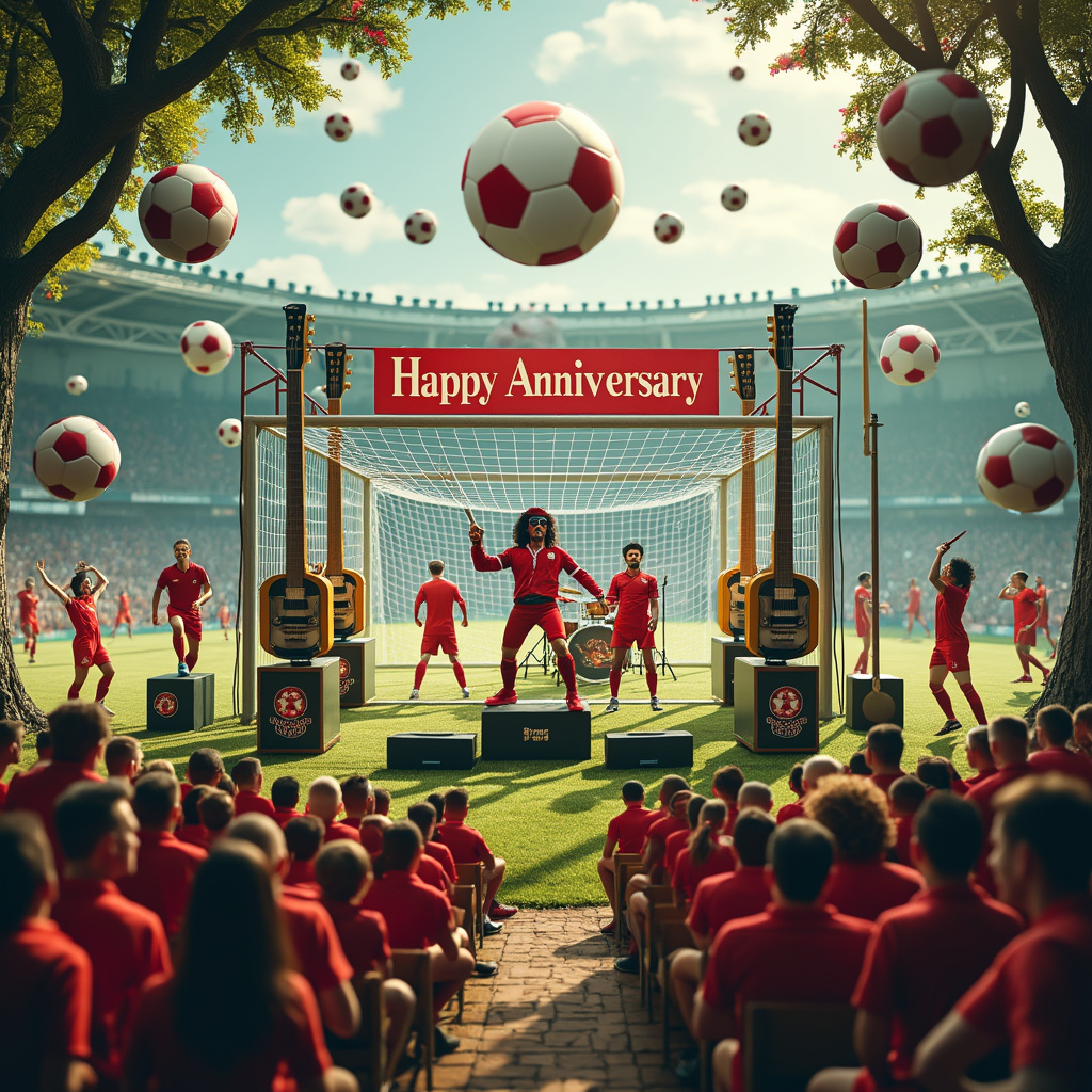 The scene is set in a bustling, whimsical Nottingham Forest stadium, where the stands are filled with jubilant fans decked out in red and white, cheering with all their might. In the foreground, center stage, there's a quirky fusion of soccer and rock music coming to life. Picture a soccer goal made entirely of electric guitars, their necks intertwining to form the crossbar and posts. In front of the goal, the iconic frontmen of Guns N' Roses, Axl Rose and Slash, are rocking out on a makeshift stage constructed from soccer benches and amplifiers, their instruments plugged into giant speakers adorned with the Nottingham Forest logo.

Axl, with his bandana and aviator shades, is mid-scream, while Slash, in his top hat and dark curls, rips an electrifying solo. Around them, the band’s drum set is fashioned from soccer balls, with drumsticks that look like miniature soccer bats. The background is a swirl of vivid greens and earth tones of the forest, blending seamlessly with the red and white of the stadium.

Off to the side, you see soccer players dressed in Nottingham Forest jerseys, juggling the ball with one hand while holding guitars in the other, blending their love for soccer and rock. A giant banner in the back reads "Happy Anniversary," its letters styled like glowing neon signs from an 80s rock concert, with smaller text below, "Rocking Through the Years."

Hanging from tree branches are mini soccer nets with roses blooming inside them, and a few rogue soccer balls have vines and thorns wrapped around them, a nod to the Guns N' Roses theme. Above, in the sky, a blimp shaped like a soccer ball with the Guns N' Roses logo on it floats serenely, adding an aerial element to the festive scene. 

The overall image is a quirky, detailed blend of soccer and rock, capturing the essence of both Nottingham Forest and Guns N' Roses in a single, celebratory snapshot.
Generated with these themes: Nottingham Forest, Soccer, Guns n Roses, and Rock music.
Made with ❤️ by AI.