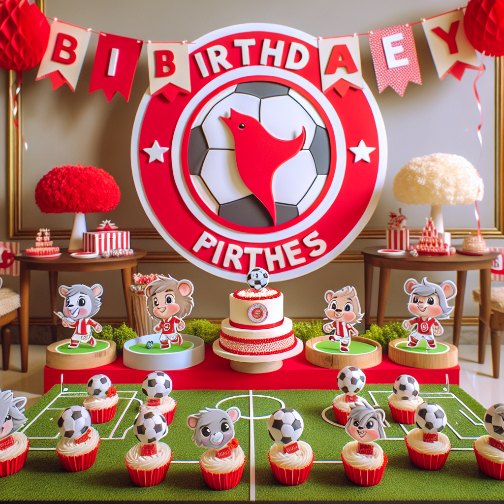 A festive birthday setup with playful, cartoon-like elements, showcasing a stylized circular badge symbol in bright red banners that could be associated with a popular football club. The surrounding environment is dominated by cute anthropomorphic animals engaging in a friendly game of football, while dressed in miniature red and white kits. The DIY essence is reflected in delectable cupcakes molded to resemble footballs and a homemade birthday banner featuring cut-out alphabets and illustrations of soccer balls.
Generated with these themes: Liverpool football club, and DIY.
Made with ❤️ by AI.