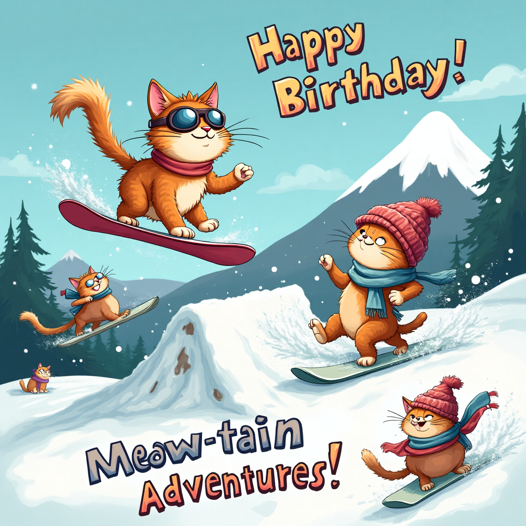 Snowboarding, Cats, and Birthday Card