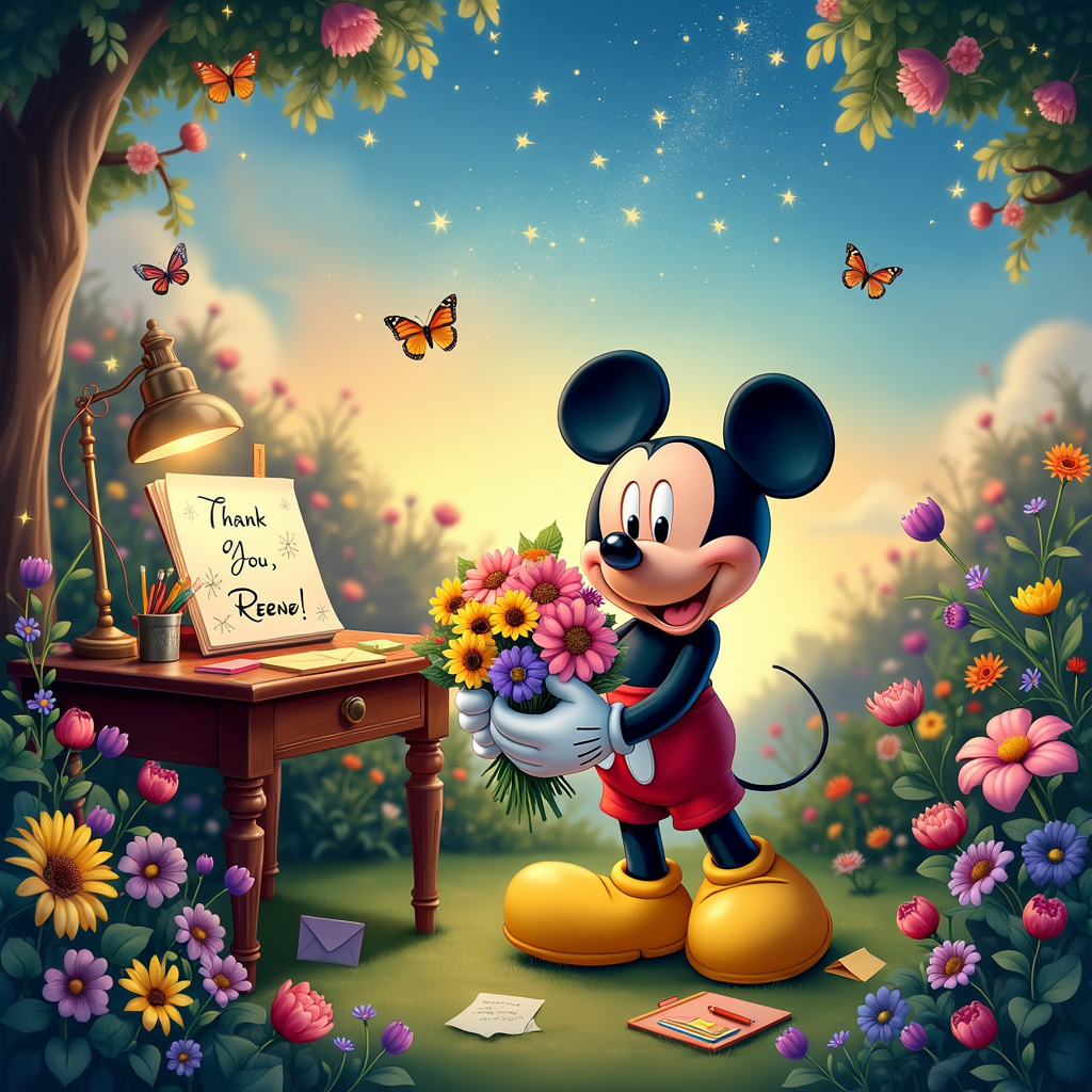 Picture a vibrant, whimsical garden scene bathed in the gentle light of twilight. In the foreground, Mickey Mouse stands cheerfully holding a bouquet of colorful, handpicked flowers - daisies, sunflowers, and tulips in hues of yellow, pink, and purple. His classic red shorts and yellow shoes contrast beautifully against the lush greenery and floral backdrop.

To Mickey's right, there's an elegant wooden desk adorned with an array of vibrant stationery - pencils, pens, sticky notes, and sketchbooks, all scattered in an artful yet organized manner. Next to the desk, a small open notebook displays a hand-drawn doodle of a starry sky with a heartfelt "Thank You, Reena!" scripted in a whimsical font.

Above the scene, the sky transitions from a warm sunset glow to a starry night. Twinkling stars begin to dot the canvas of the sky, some of them forming constellations in the shape of classic Disney icons. Among the stars, you can see the word "Reena" subtly spelled out in twinkling stardust, creating a magical effect as if the stars themselves are expressing gratitude.

In the background, colorful flowers form a dense, picturesque garden, with butterflies flitting about. Among the blooms, there are tiny, intricately detailed envelopes and small paper stars subtly tucked into the foliage, hinting at the theme of stationery. 

The overall scene is set within a beautifully detailed, enchanted garden where each element - from Mickey Mouse to the flowers and stars - blends harmoniously to tell a unique story of thanks to Reena.
Generated with these themes: Mickey mouse, Flowers, Stationary, and Stars.
Made with ❤️ by AI.