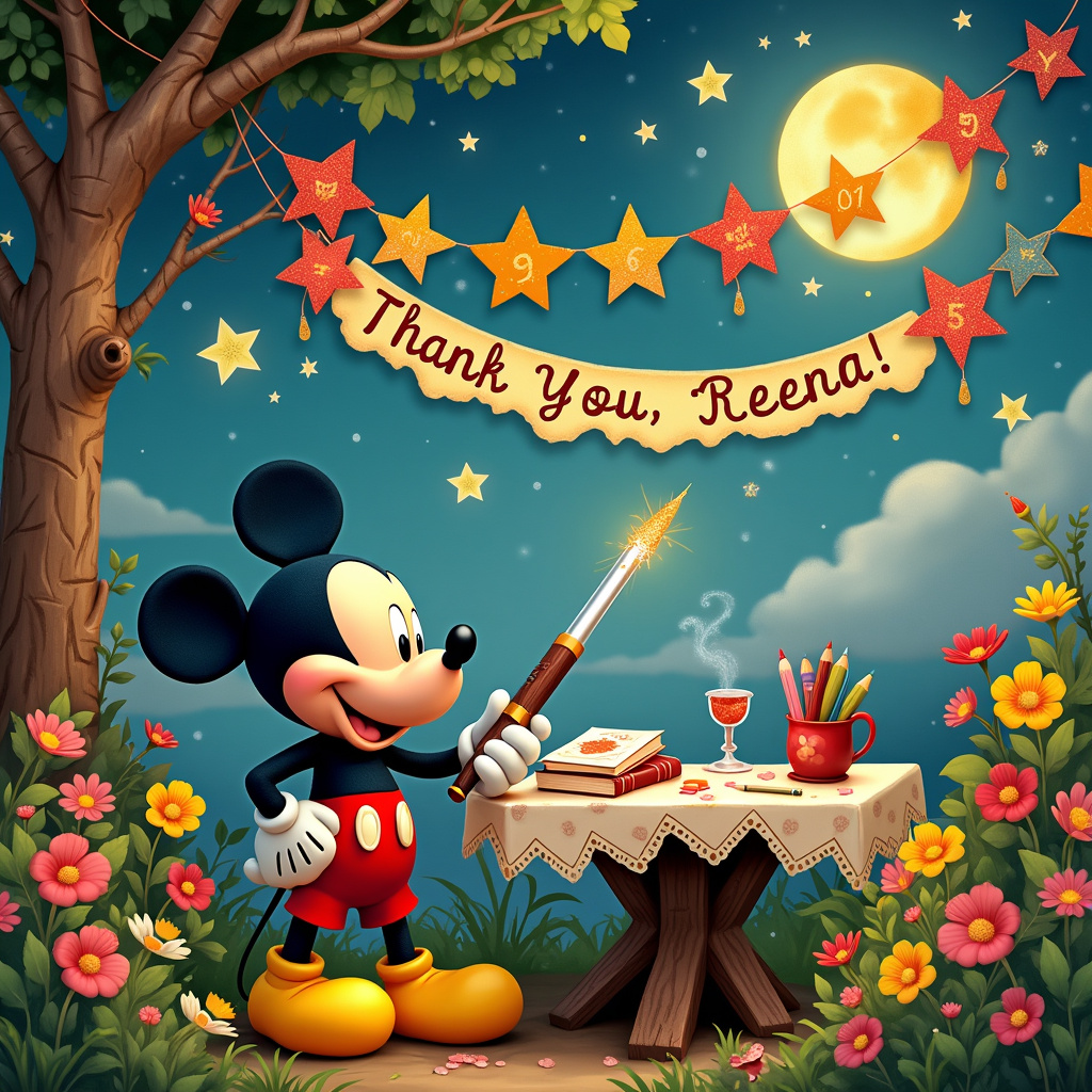 The scene is set in a lush, whimsical garden, bursting with vibrant flowers of all colors—reds, yellows, pinks, and blues. At the center of the garden, there is a quaint wooden table adorned with a charming, rustic tablecloth. On the table, there's an assortment of stationary—pens, colorful pencils, and sketchbooks—scattered as if just used. Mickey Mouse, wearing his classic red shorts and yellow shoes, is standing next to the table, holding a gigantic, sparkly pen that seems almost magical.

Above the table, a string of paper stars and flowers is draped, intertwining and creating a canopy. Each star and flower is meticulously designed, and every few stars, the name "Reena" is carefully inscribed in an elegant, cursive script, almost as if it is part of the star's natural pattern.

In the background, a large tree is partially visible, and from one of its sturdy branches hangs a hand-painted banner that reads, "Thank You, Reena!" in a warm, inviting font. The banner is decorated with small floral motifs and golden stars.

The sky above the garden is a twilight blue, sprinkled with twinkling stars that mirror those in the canopy. Some of these stars are shaped like small stationary items—pens, rulers, and notepads—adding an extra layer of enchantment to the scene. The moon is peeking out from behind a cloud, and this cloud has the name "Reena" subtly woven into its shape, as if the sky itself is saying thank you.

This charming, detailed scene blends the themes seamlessly, telling a whimsical and heartfelt story of gratitude, with "Reena" lovingly embedded in multiple creative elements.
Generated with these themes: Mickey mouse, Flowers, Stationary, and Stars.
Made with ❤️ by AI.