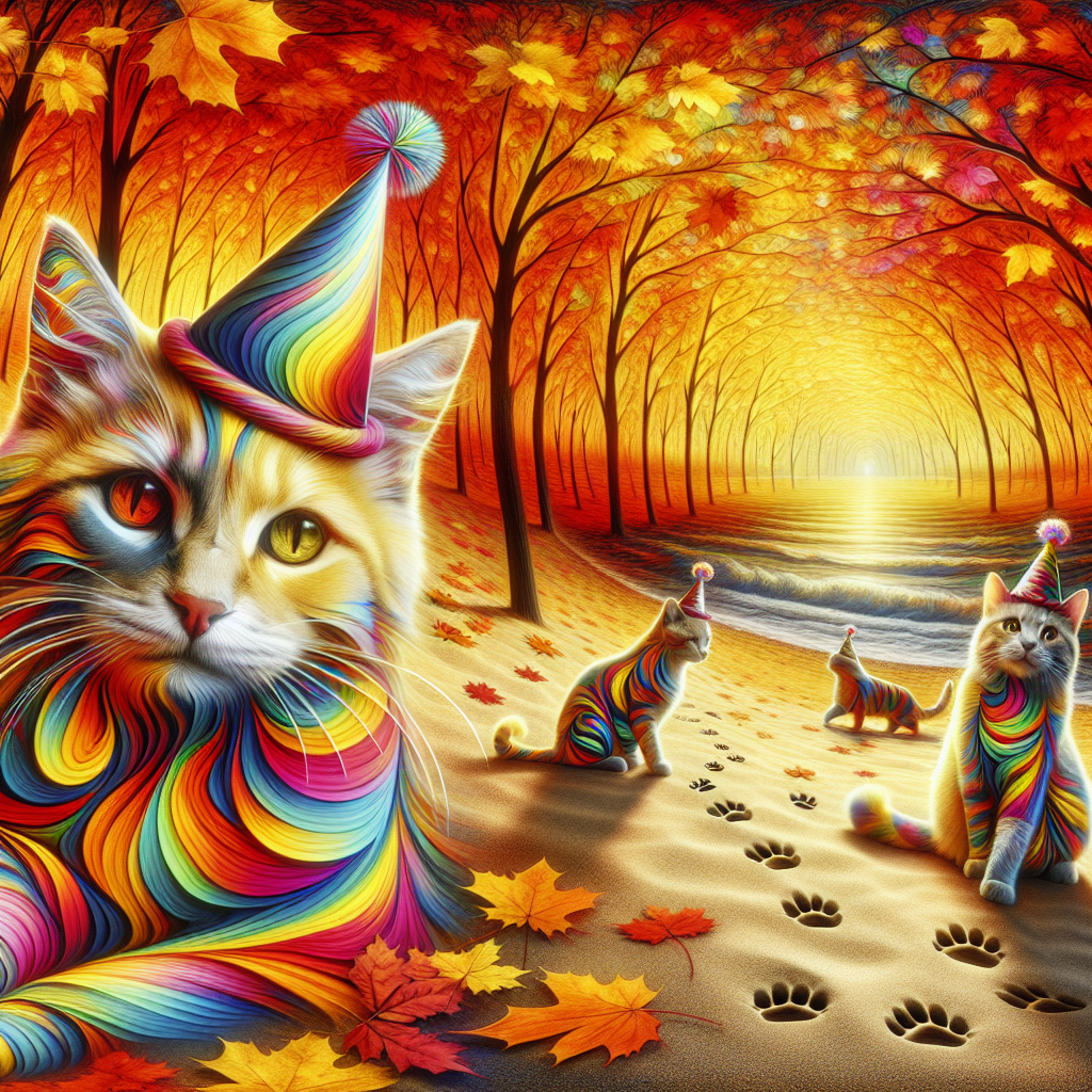 A charmingly abstract autumnal birthday scene unfolds with vibrantly hued leaves in shades of orange, gold, and red creating a festive backdrop. Playful cats donning quaint birthday hats frolic in the midst of this fall foliage, their fur adorned with subtle spectral patterns. The scene seamlessly transitions from the richly colored autumnal forest to a tranquil beachscape in the distance, where calm sea waves gently lap against the sandy shore. Paw prints register their joyful celebration in the soft sand, infusing a sense of dynamic fun in this surreal, harmonious blend of contrasting landscapes.
Generated with these themes: Autumn, cats, ghosts, beach.
Made with ❤️ by AI.