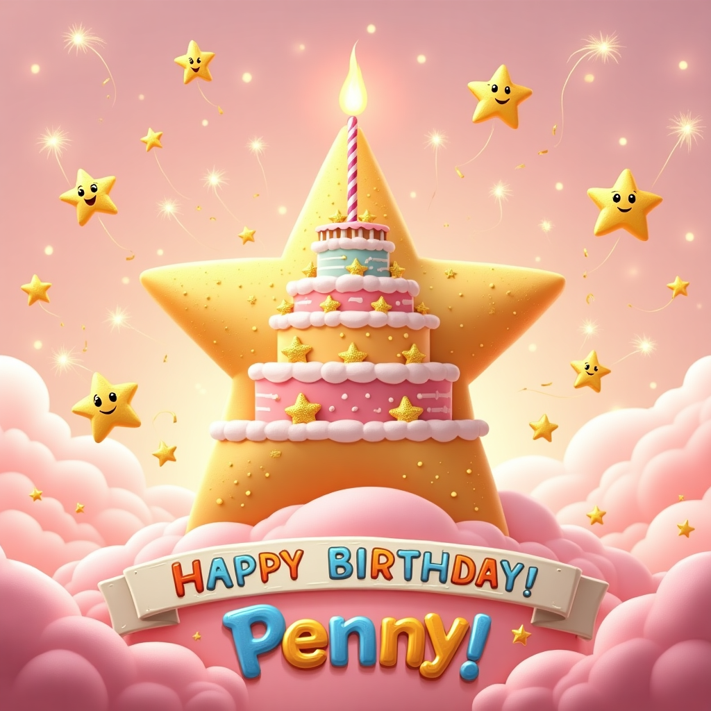 The scene unfolds on a vibrant, pale pink background reminiscent of a dreamy dusk sky. Dominating the center is a gigantic, whimsical birthday cake shaped like an exploding star. Its multi-tiered design is adorned with shimmering golden stars of various sizes, as if the stars themselves have been plucked from the sky and transformed into a celestial dessert. Each tier of the cake is a different pastel shade, with layers that resemble cotton candy clouds. Perched on top is a playful candle shaped like a comet, its flame dancing joyfully.

Floating around the cake are a series of oversized, cartoon-style golden stars, each with expressive faces displaying a range of silly expressions—from wide-eyed surprise to mischievous winks. These stars appear to be in mid-flight, spiraling around the cake in a celebratory orbit. Some of them are holding tiny, delicate sparklers, leaving trails of glitter that gently descend like confetti.

In the background, faint outlines of gently rolling hills provide depth to the scene, where the pink hue of the sky is occasionally interrupted by more golden stars, their surfaces glistening with subtle texture, reminiscent of a disco ball. Among these twinkling stars, the name "Penny" is elegantly incorporated into the backdrop, written in a constellation style with each letter made of twinkling star clusters, as though penned by the hand of the cosmos itself.

In the lower foreground, a whimsical banner arches from one side of the scene to the other, proclaiming "Happy Birthday, Penny!" in bold, colorful lettering that echoes the playful spirit of the stars. The letters of "Penny" are crafted to look like they’re bouncing with joy, their outlines catching the golden glint of the surrounding stars.

This imaginative and lively scene invites Penny to a celebration that's truly out of this world, blending celestial charm with a sense of whimsical wonder.
Generated with these themes: multi-sized golden stars on pale pink background.
Made with ❤️ by AI.
