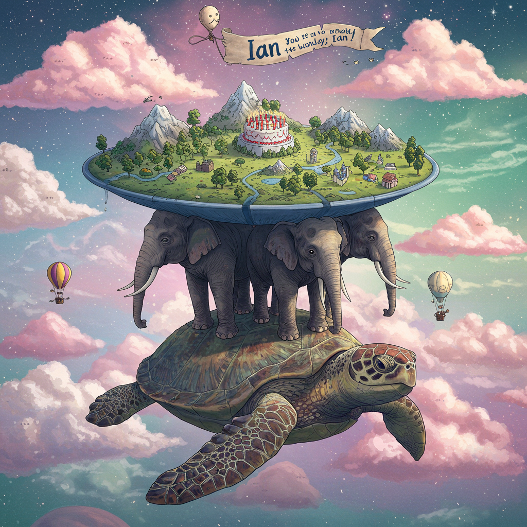 Discworld on turtleback balanced by 4 elephants , and Birthday Card