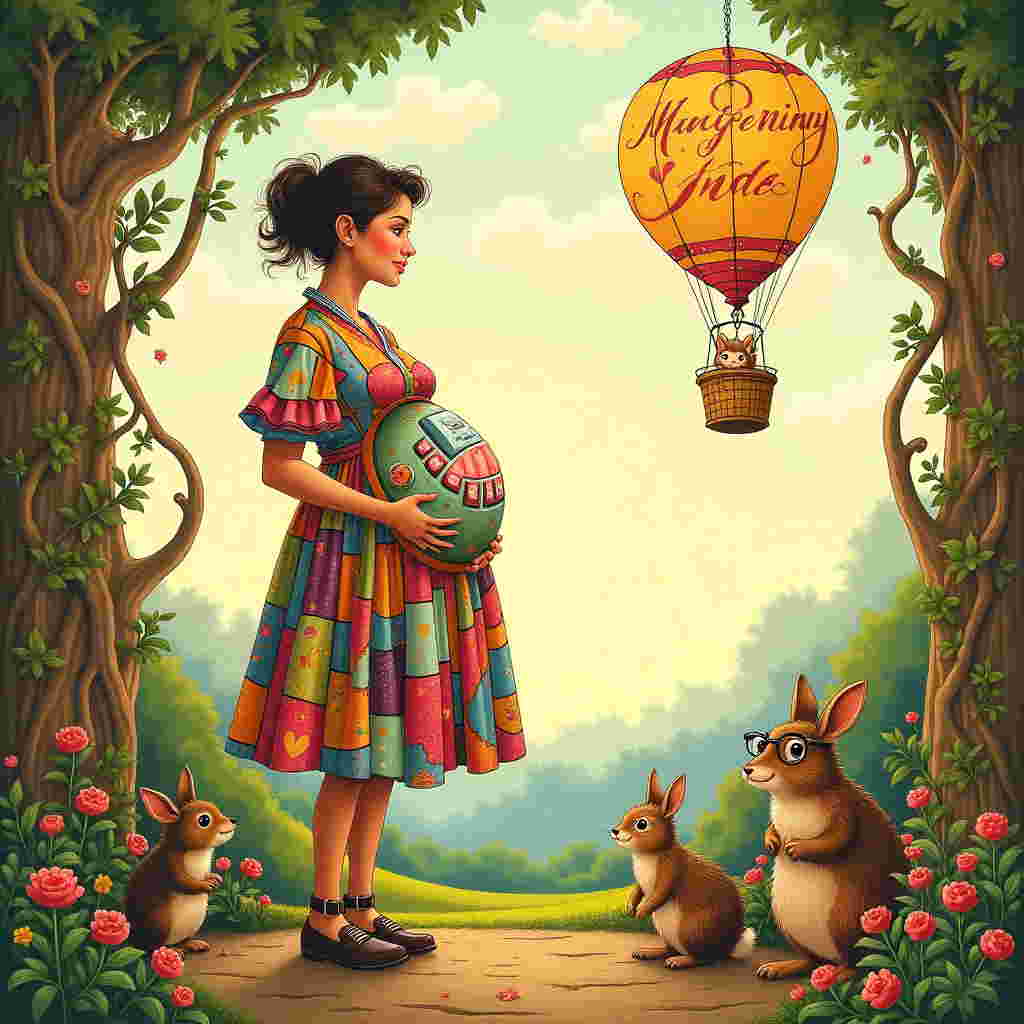 In the center of the scene, a whimsical illustration reveals a pregnant woman joyfully standing in a sun-drenched garden. She is wearing a colorful patchwork dress reminiscent of a quilted masterpiece by Norman Rockwell, complete with intricate details and vibrant patterns that echo the playful illustrations of Quentin Blake. Her belly is semi-translucent, allowing a peek into the belly, where a tiny, charmingly illustrated baby with wide eyes and a cheeky grin is seated inside. The baby is busily operating a quirky, retro-futuristic robot control panel that looks like it was plucked straight from Maurice Sendak's imaginative world. This panel is equipped with oversized, candy-colored buttons and levers, much like those in a vintage comic strip by Edward Gorey. The baby has a speech bubble above its head that says, "Initiating Maternity Mode...".

Surrounding the woman are elements inspired by Arthur Rackham, with gnarled tree roots and curiously swirling clouds that add a mystical touch. To the right, an old-fashioned hot air balloon with a basket is suspended in the sky, with the name "Baby Vine" artistically painted across its fabric in elegant, flowing script reminiscent of Beatrix Potter’s gentle hand. On the ground, a group of adorable woodland creatures, including a hedgehog wearing tiny glasses and a rabbit with a pocket watch, nods approvingly at the belly’s robotic adventure, nodding to Beatrix Potter’s enchanting animal tales. The scene is bordered by lush, blooming vines and colorful flowers, and the warm golden light of Maxfield Parrish's twilight hues casts a soft glow over everything, imbuing the card with a sense of wonder and whimsy.
Generated with these themes: fun illustration of a pregnant woman with a tiny baby inside her controlling a robot from inside, with a speech bubble saying, "Initiating Maternity Mode...".
Made with ❤️ by AI.