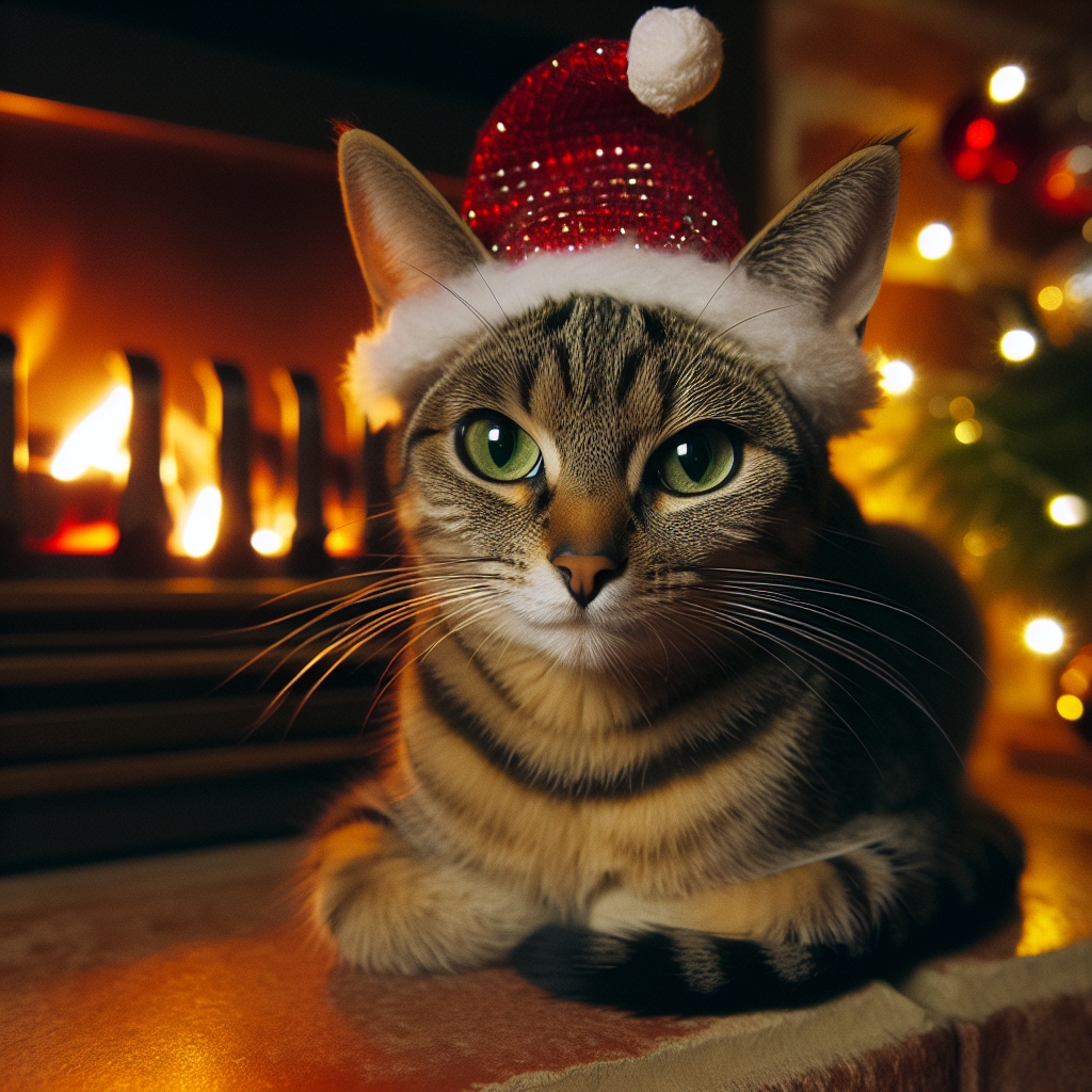 A slender tabby domestic shorthair cat with vivid green eyes sits contentedly beside a warm fireplace, its fur softly illuminated by twinkling Christmas lights. A tiny Santa hat sits askew on its head, and a mischievous smile suggests it's just finished batting at the ornaments on the nearby Christmas tree.
.
Made with ❤️ by AI.