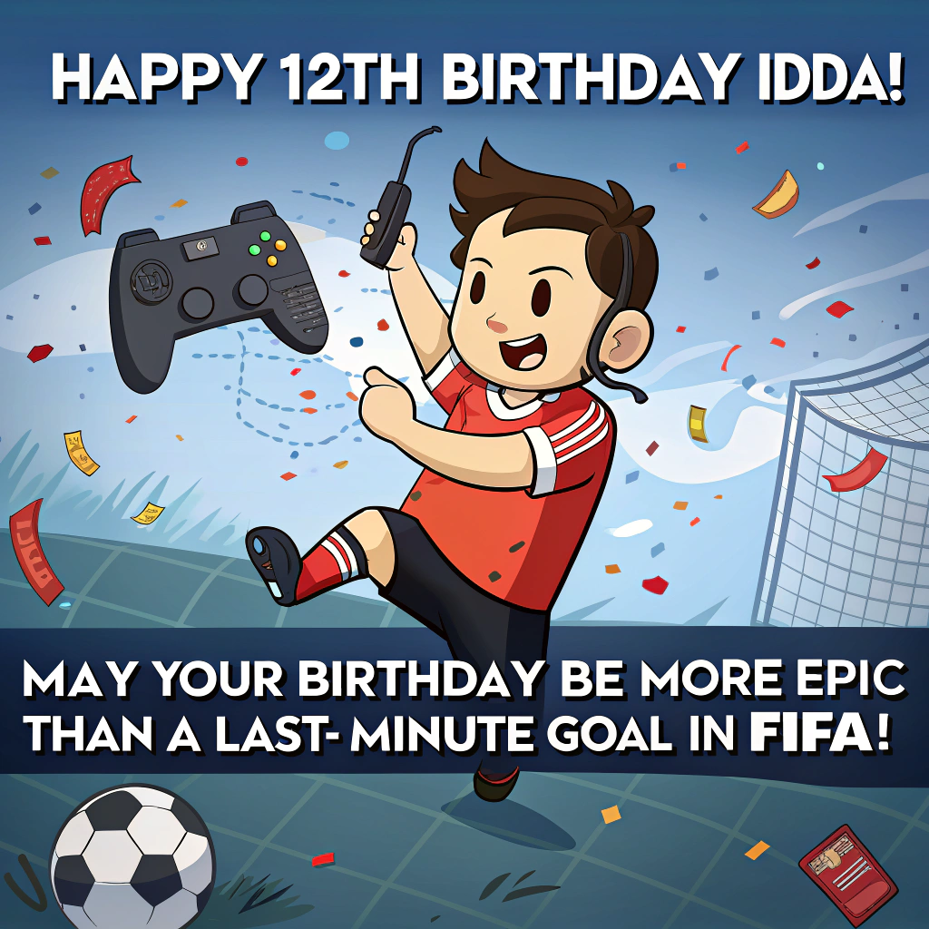 At the top of the image, "Happy 12th Birthday Idda!":

At the bottom of the image, "May your birthday be more epic than a last-minute goal in FIFA!"

- In the center of the image, illustrate a whimsical cartoon scene featuring Idda, dressed in a Manchester United jersey, juggling a football while holding a game controller. Surround her with pixelated gaming icons and a goal net with confetti in the air to celebrate the big win. Use shades of blue and red to capture the energy and excitement of the moment.
Generated with these themes: Football, Blue, The Mens Man United team, Gaming, FC25, and .
Made with ❤️ by AI.