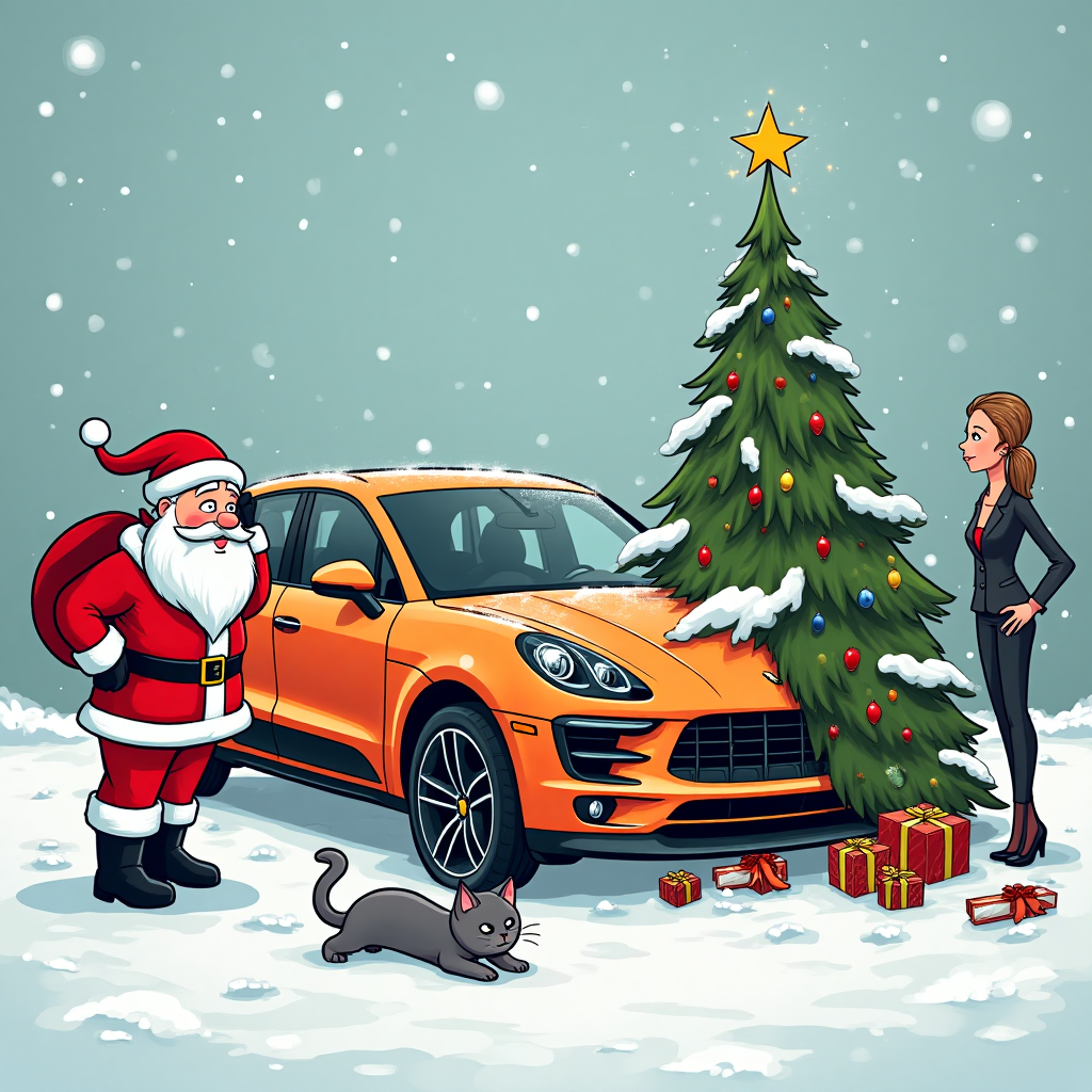 Santa standing with hat in hand scratching his head, Sleigh crashed into side of orange porsche macan, Grey british shorthair cat hissing with arched back, Slender lady hand on hips, Scattered presents around sleigh, Broken bent over christmas tree with star on top, Snowing, and Christmas Card