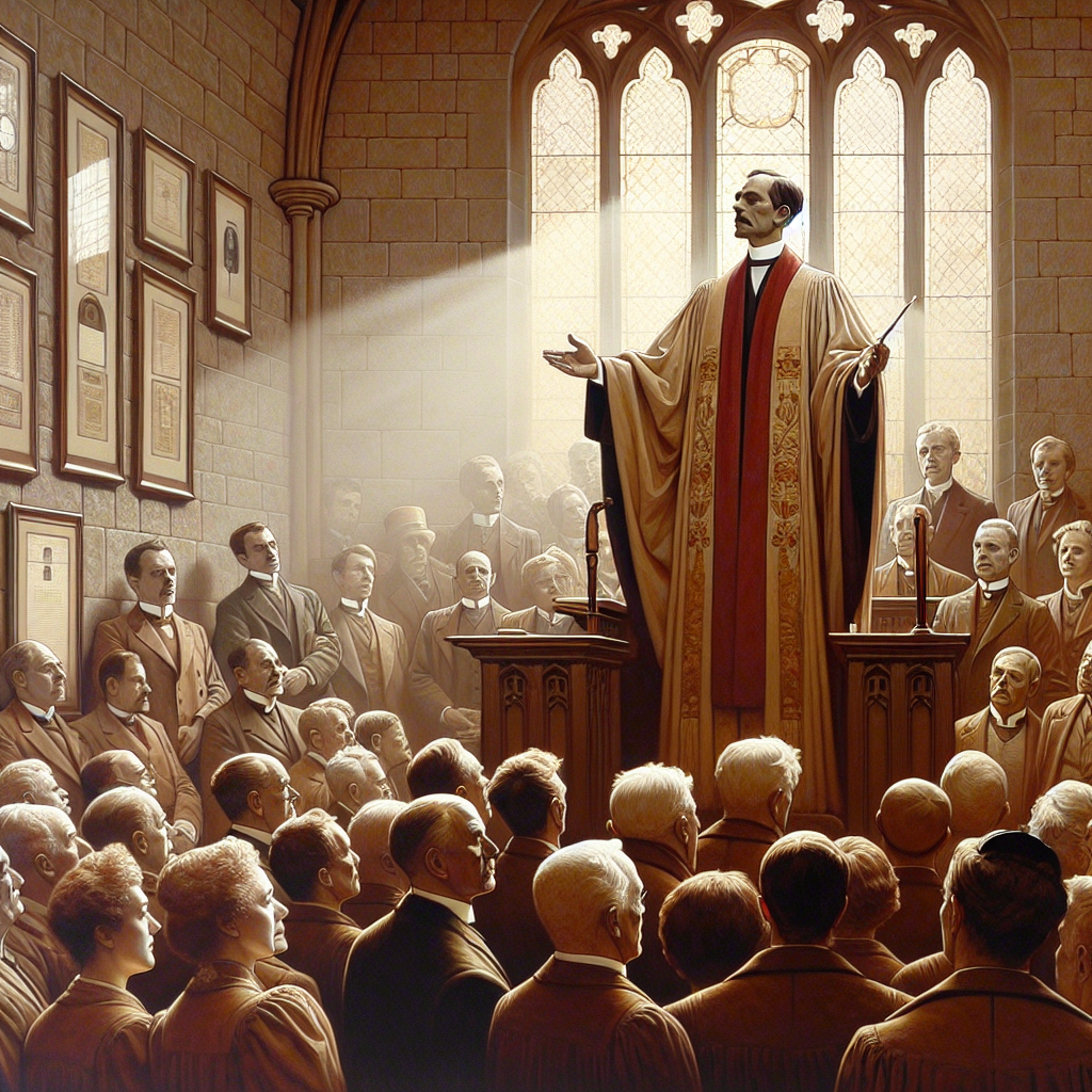 An artwork that shows a respectful scene of an imposing vicar of indeterminate descent, perhaps standing on a pulpit, with his arms extended in a gesture of blessing. His audience, a cross-section of diverse ethnic and gender groups, look back at him with admiration. A ray of light filters through the stained glass windows, shining upon framed documentation of achievement. The entire scene is accentuated by a warm, neutrally-toned palette consisting of soft sepia, deep mahogany, and mellow earthy colors. The loosely defined edges in this setting give a sense of reverence and honor, subtly acknowledging an individual's significant accomplishment.
Generated with these themes: Vicar.
Made with ❤️ by AI.