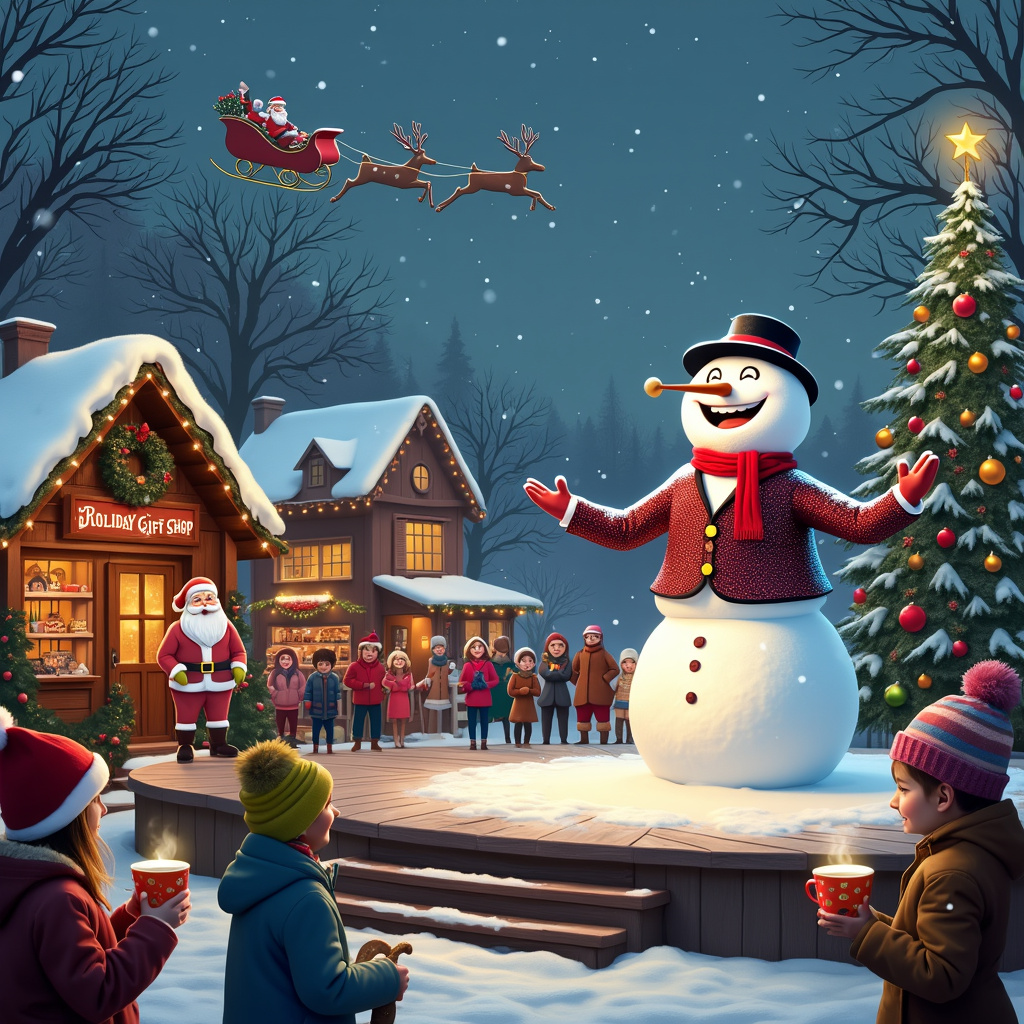 Imagine a bustling Christmas market nestled in a charming, snow-covered village. At the center of this whimsical scene stands a cozy wooden stage, festooned with twinkling fairy lights and garlands of holly. On this stage, a life-sized snowman with a striking resemblance to Donny Osmond is singing Christmas carols. This snow-Donny sports a suave, sequined jacket over his snowy torso, with a classic Osmond grin made from coal. To the side, a festive sign reads, "Donny Snow-mond’s Christmas Extravaganza!"

Surrounding the stage, joyful villagers bundled in colorful scarves and hats are holding mugs of steaming hot cocoa, their breath visible in the crisp winter air. A group of children are eagerly gathered at the front, some with candy canes and others with gingerbread cookies shaped like musical notes. Behind them, market stalls brimming with holiday treats and handmade ornaments add a backdrop of vibrant colors, while a towering Christmas tree adorned with baubles and tinsel stands tall, with a star on top that glows warmly.

To the left of the stage, a quaint little cabin labeled "Donny's Holiday Gift Shop" is open, where people can purchase records of Donny Osmond’s Christmas hits. A cut-out standee of Donny Osmond dressed as Santa Claus is positioned near the shop entrance, inviting everyone for a festive photo-op.

In the snowy sky above, Santa's sleigh, complete with reindeer, can be seen flying by, adding a magical touch to the scene. Snowflakes drift gently to the ground, completing this detailed, enchanting holiday scene centered around the charming and musically-gifted snow-Donny Osmond.
Generated with these themes: Donny Osmond.
Made with ❤️ by AI.