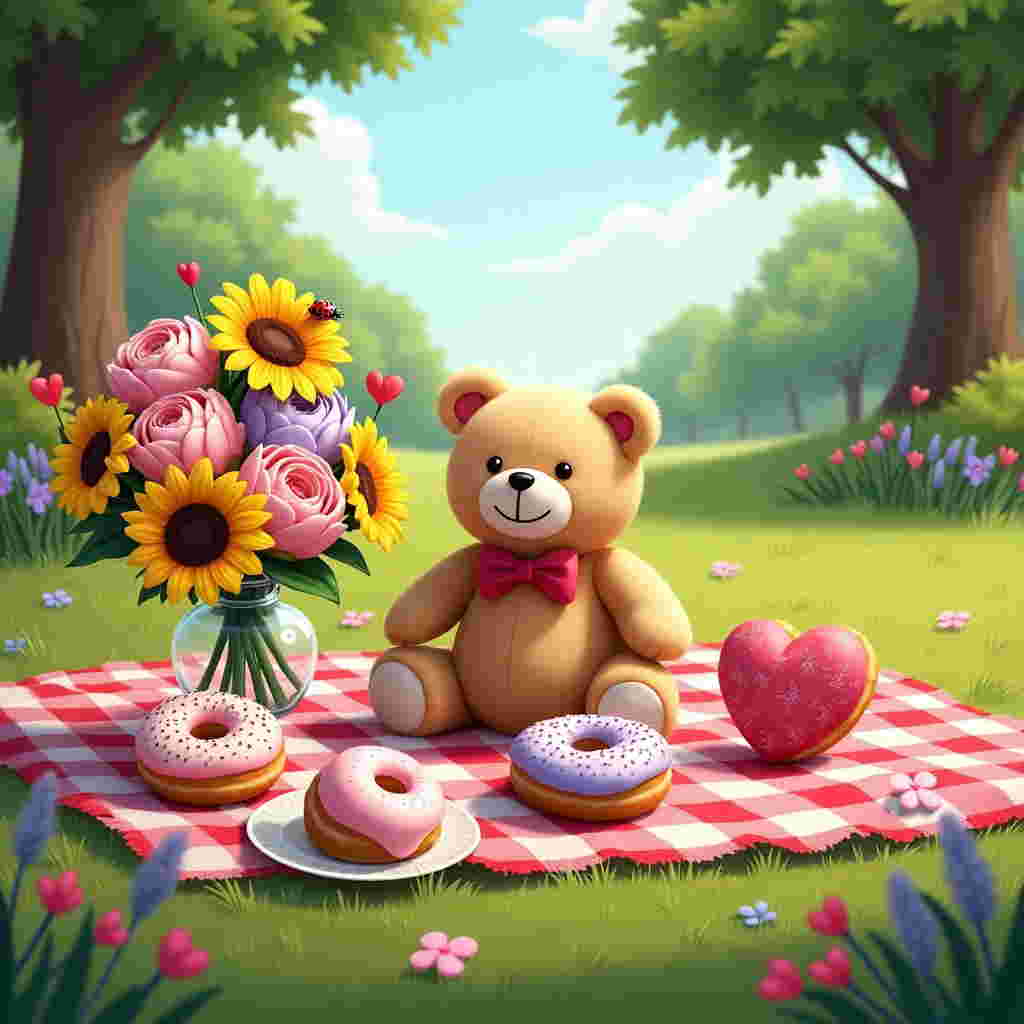 The scene is set on a bright and clear day in a lush park, where the vibrant greens of the grass form a gentle carpet beneath the elements of the picnic. At the center, a red and white checkered picnic blanket sprawls out over the grass. Positioned centrally on the blanket is a plump, light-brown teddy bear with endearing button eyes and a soft smile. The bear is adorned with a small red bowtie, adding a touch of playful charm.

Surrounding the teddy bear are several heart-shaped doughnuts. The doughnuts are whimsically iced in pastel pinks and lavenders, each with a generous scattering of tiny red and white heart-shaped sprinkles. Some of the doughnuts are neatly arranged on a delicate white porcelain plate, while others are placed directly on the blanket.

To the left of the teddy bear, a clear glass vase holds a bunch of peonies. Their large, round blossoms boast a gradient of soft pinks fading into creamy whites at the edges. Intermixed with the peonies are sunflowers, their bold yellow petals and rich, chocolatey brown centers standing in stark contrast to the peonies, creating a strikingly beautiful arrangement.

A small ladybug, with its iconic red shell and black spots, rests delicately on one of the sunflower petals, adding a touch of natural wonder to the scene. Scattered around the blanket are several small red love heart motifs, subtly stitched into the fabric, enhancing the theme of affection.

The background is alive with the serene elements of the park; towering trees with thick, verdant leaves provide a natural border, and patches of colorful wildflowers peep through the grass, adding splashes of purple and blue to the scene. A gentle breeze rustles through the leaves, suggested by the slight tilt of the sunflowers and the flutter of the teddy bear's bowtie.

This lifelike and detailed birthday scene is captured in a way that invites the viewer into the enchanting simplicity and warmth of a perfect picnic day, combining the playful with the picturesque in every element illustrated.
Generated with these themes: Ladybug cute, Teddy bear , Love shaped doughnuts , Picnic in the park , Peonies , Sunflowers , and Love hearts .
Made with ❤️ by AI.