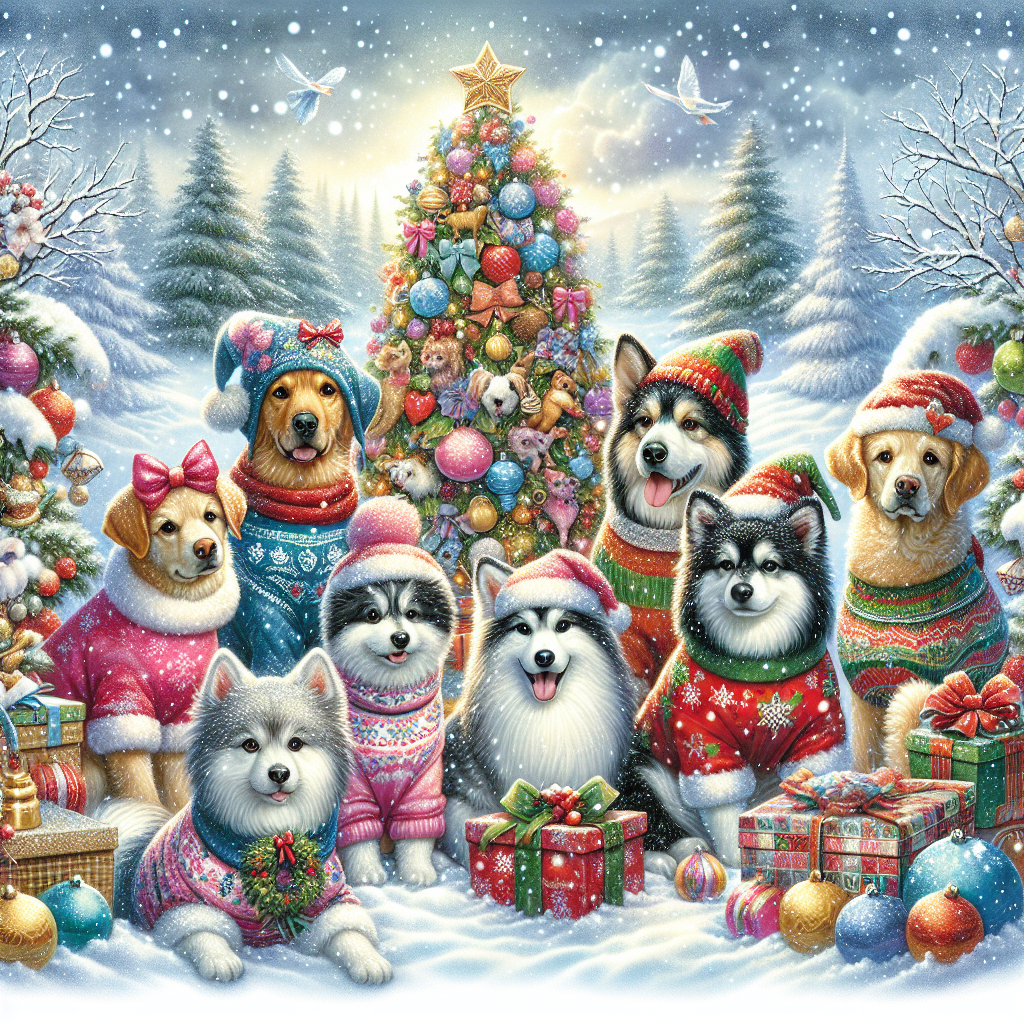 A charming Christmas-themed illustration depicting a heartwarming scene where playful dogs are adorned in festive attire, surrounded by snowflakes gently falling around them. The backdrop is a cozy winter landscape with a decorated tree and colorful presents, evoking a sense of holiday cheer.
Generated with these themes: dogs.
Made with ❤️ by AI.