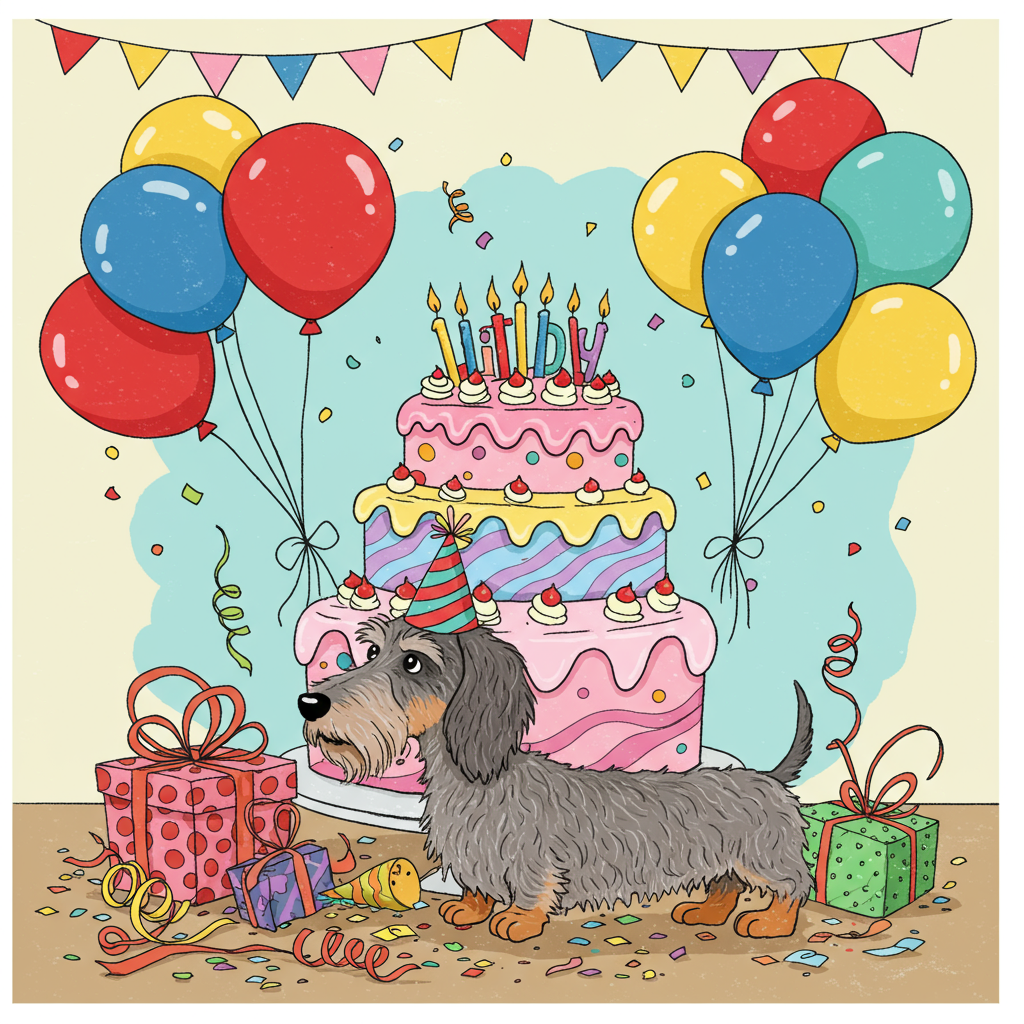 The front cover of this greeting card bursts with color and whimsy, featuring a lively birthday scene in a cartoon style reminiscent of classic comic strips and animations.

At the center of the composition is a wire-haired dachshund, with exaggeratedly long, curvy fur that spirals and twists humorously, cascading over its little sausage-shaped body. The dachshund is perched on its hind legs, sporting a tiny, brightly colored party hat tilted jauntily to one side, its long ears flopping down beside it. The fur is a medley of textured grays and browns, highlighted with subtle blues to give it depth and movement.

Surrounding the dachshund is an explosion of oversized, vivid balloons in primary colors: bright red, cobalt blue, sunny yellow, and vibrant green. Each balloon has a slightly different shape, some round and some more elongated, and they fill the upper part of the scene, their strings crisscrossing in a whimsical pattern.

Behind the dachshund, a large, tiered birthday cake towers upward, its layers alternating between pastel pinks and purples, each with a different decorative pattern, like polka dots, stripes, and zigzags. The cake is frosted with thick, luscious icing, and each tier is topped with a comically oversized candle that spirals with a candy-cane-like design of yellow and white.

The background is a simple, flat pale turquoise that accentuates the colorful chaos in the foreground. Scattered around the base of the cake and the dachshund are various party elements: a tangled pile of colorful streamers, confetti sprinkled liberally across the scene, and a few comically large, wrapped presents, their wrapping paper in clashing patterns of checks and florals.

This bustling birthday scene combines elements of fun and absurdity, drawing inspiration from the playful and exaggerated styles of cartoon greats, inviting the viewer to immerse in a world where dogs can wear hats and cakes are impossibly tall.
Generated with these themes: wire haired daschund.
Made with ❤️ by AI.