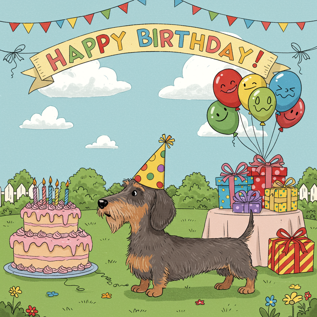 The front cover of the greeting card features a vibrant and bustling birthday scene, with a whimsical and exaggerated style reminiscent of a Saturday morning cartoon. Front and center is a wire-haired dachshund, standing on its hind legs in a comically exaggerated stance, akin to Snoopy from Peanuts, with its tongue playfully sticking out. The dachshund sports a festive, oversized party hat with colorful polka dots in bright yellows, blues, and reds, its wire-like fur adding a dynamic texture to the illustration.

Around the dachshund, a lively birthday party unfolds. To the left, a towering birthday cake, almost half the size of the dachshund, is decorated with thick, vivid swirls of pink and blue frosting. The cake features several exaggerated, uneven layers, reminiscent of a funhouse or an amusement park, topped with burning candles that curve humorously, their flames depicted as playful, swirling curls of yellow and orange.

In the background, a large, arched banner hangs, strung up high across the top of the scene. It reads "Happy Birthday!" in an animated, bubbly font, each letter a different vibrant color of the rainbow. Beneath the banner, several cartoon-style balloons of various sizes and shapes float upwards, their strings curling whimsically. These balloons feature bright primary colors: red, blue, green, and yellow, some even adorned with funny faces.

To the right, a small, round table is set, laden with a cartoonishly large assortment of wrapped presents. Each gift is wrapped in a different pattern and color scheme—striped, polka-dotted, and checkered—featuring garish, oversized bows that spring off the boxes in all directions.

The background sets a scene of a sunny, carefree day, with a pale blue sky dotted with fluffy, exaggeratedly large clouds. In the distance, a hint of a picket fence is visible, echoing a classic suburban backdrop. The grass beneath the party scene is lush and bright green, speckled with scattered confetti and streamers in wild, clashing colors, adding to the festive chaos.

This greeting card cover draws inspiration from classic cartoon styles, combining exaggerated proportions and vibrant colors to create a lively and humorous visual feast.
Generated with these themes: wire haired daschund.
Made with ❤️ by AI.