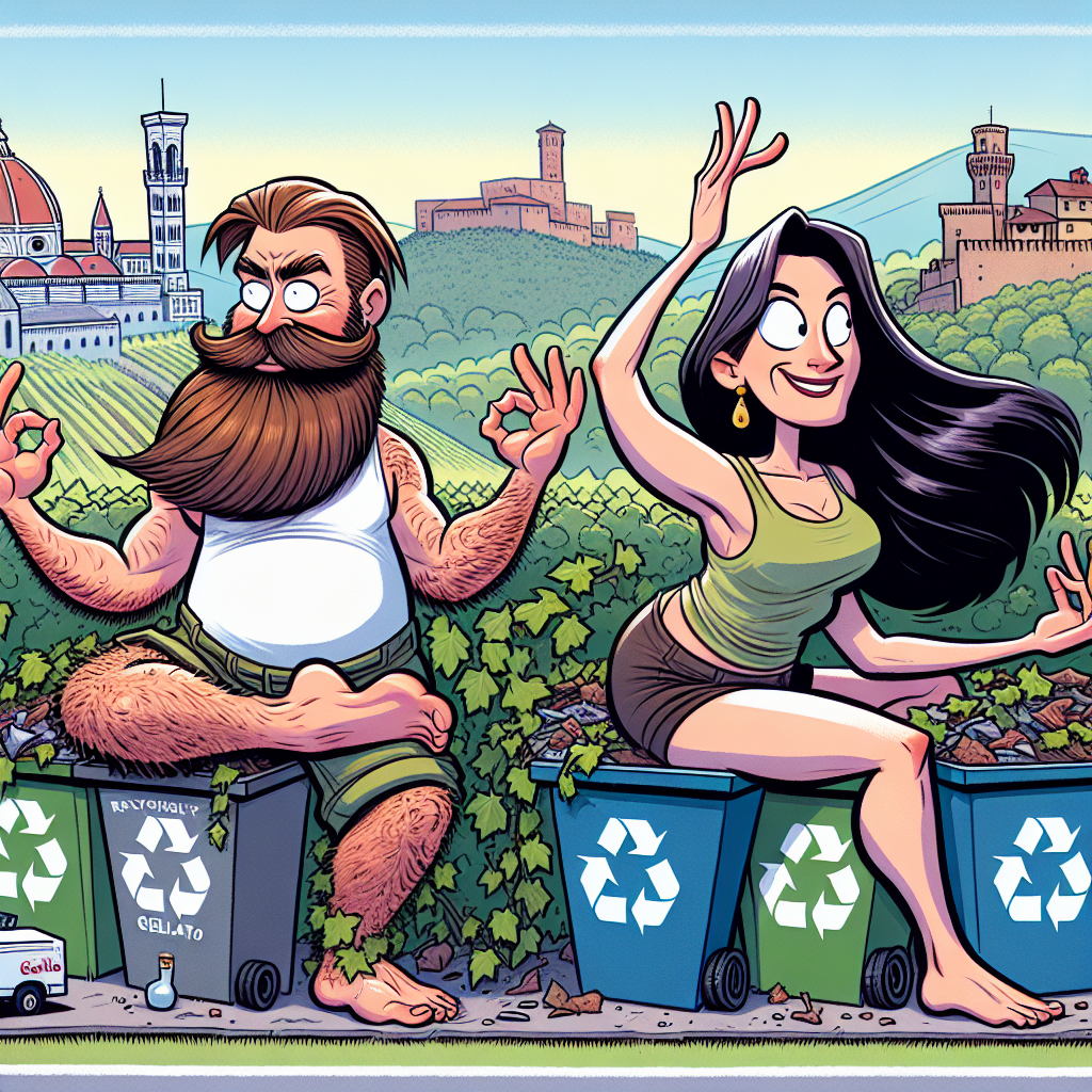 Illustrate a humorous cartoon celebrating an anniversary, where a bearded man of English descent and his partner, a woman of Hispanic descent with flowing dark hair, are humorously shown practicing yoga in a verdant Italian vineyard. Recycling bins are creatively used as unusual props for their yoga poses, reflecting their commitment to environmental preservation. The backdrop features iconic Italian landmarks, while a gelato truck stationed at a distance contributes to the playful atmosphere of the scene.
Generated with these themes: Yoga, Recycling, Italy, and English man with beard and woman with long dark hair.
Made with ❤️ by AI.