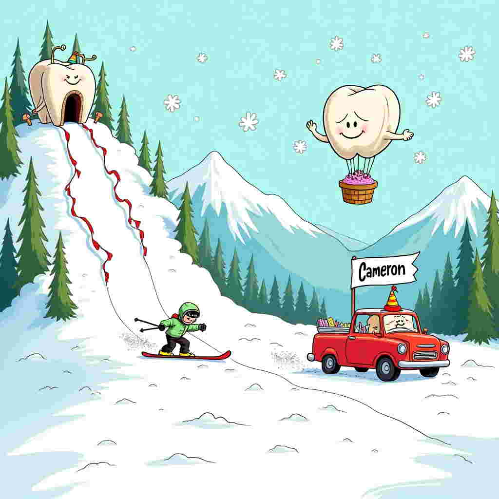Imagine a vibrant, cartoonish birthday scene bursting with whimsical details, influenced by a fusion of Charles Schulz’s clean lines, Bill Watterson’s playful exaggerations, and Hergé’s meticulous attention to detail. The backdrop is a snowy mountain landscape painted in pastel blues and whites, dotted with quirky pine trees reminiscent of those from classic Peanuts strips. 

In the foreground, there’s a larger-than-life ski slope cascading down the card, created in a dynamic, swooshing line. A comically oversized tooth, complete with a shiny glint, sits at the top of the slope like a ski lodge. It’s adorned with bright red dental floss bunting. 

To the left, a cartoonish dentist character, akin to the expressive figures found in Calvin and Hobbes, is gleefully skiing down the slope. He sports exaggerated goggles and a bright green jacket, with his ski poles replaced by gigantic toothbrushes. His ski trail zigzags energetically down the slope, kicking up puffs of snow drawn with manga-style speed lines.

Adjacent to the ski slope, a classic, vibrant red convertible car reminiscent of R. Crumb's bold lines sits humorously half-buried in a snowbank, its wheels comically askew. The car’s trunk is open, revealing it’s filled with a cartoonishly large cake, which features brightly colored icing in shades of pink and yellow.

Floating in the clear, bright sky is a hot air balloon designed to look like a tooth with a smiling face. A banner trailing from the balloon proudly spells out "Cameron" in big, cheerful letters crafted from colorful dental floss. 

Snowflakes drawn with a simple, elegant touch akin to Winsor McCay’s work gently fall throughout the scene, providing a whimsical sense of motion. The entire scene is infused with the classic animation vibe of Walt Disney's earliest works, creating a dynamic yet cozy birthday tableau.
Generated with these themes: Dentist, Skiing, and Car.
Made with ❤️ by AI.