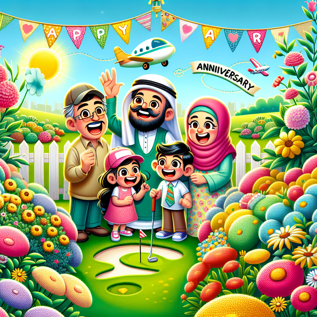 Depict a vibrant garden serving as the backdrop for a lively cartoon-style family anniversary scene. The garden is filled with blooms in a variety of colors that create a colorful foreground. A cartoon family, consisting of a Middle-Eastern father, an East Asian mother, a Hispanic daughter, and a South Asian son, is joyfully expressed with wide smiles. They are gathered around a tiny golf course playfully weaved throughout the garden. Above them, the sunny sky is decorated with tiny whimsical planes towing celebratory banners. A diverse assortment of joyful flowers can be seen swaying gently in the breeze, symbolic of growth and happiness.
Generated with these themes: Garden , Golf, Family, Planes, and Flowers .
Made with ❤️ by AI.