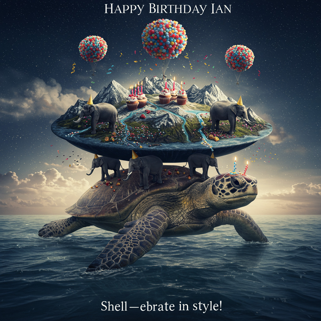 Discworld turtle on top of elephants, and Birthday Card