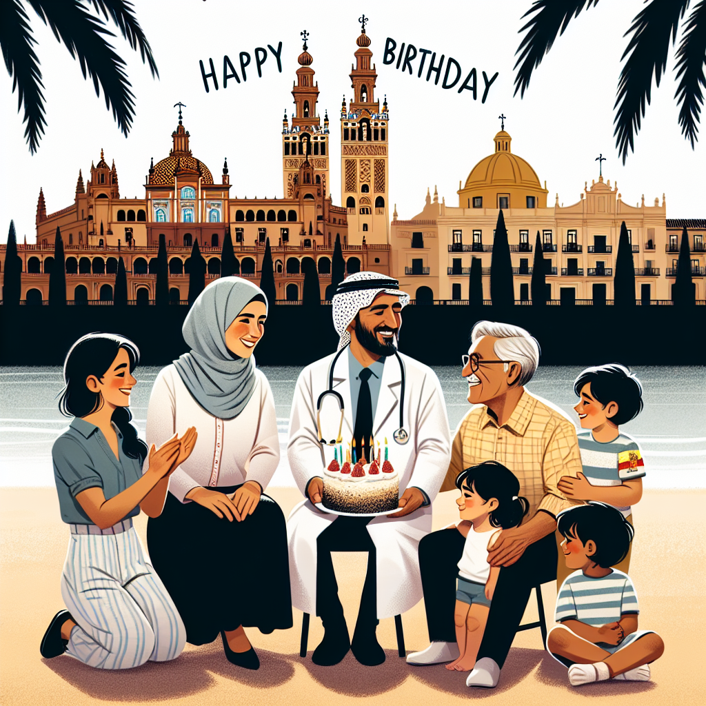 The scene is a heartwarming birthday illustration set on a picturesque Spanish beach. A white doctor, alongside his white nurse wife, enjoys the festivities with their three white children and one white granddaughter. The distinctive silhouettes of Seville and Toledo, Spain, add to the ambiance, portraying a family celebration grounded in their rich cultural heritage.
Generated with these themes: White Doctor, Beach, 3 white children, White Wife working as nurse, 1 white grandaugther, Seville, Spain, and Toledo, Spain.
Made with ❤️ by AI.
