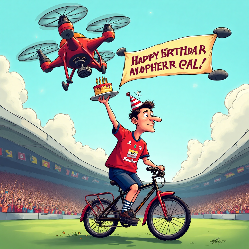 At the top of the Cartoon Style image, include the text: "Happy Birthday Alan"

**Image Prompt:**

Imagine a whimsical cartoon scene where a cheeky drone, decked out in Tottenham football club colors, is playfully lifting a brightly colored birthday cake. Below, a comical character resembling Alan rides a quirky bike, wearing an oversized Tottenham jersey and a party hat that's slightly askew. The bike’s wheels are shaped like footballs, adding an extra touch of fun. In the background, a cartoon-style stadium with cheering fans can be seen, waving flags and banners. A small banner floating in the sky reads, "Another year, another goal!" in playful, bold letters. Bright, vibrant colors and exaggerated features make the scene lively and amusing.
Generated with these themes: Drone. bike Tottenham football club, and .
Made with ❤️ by AI.