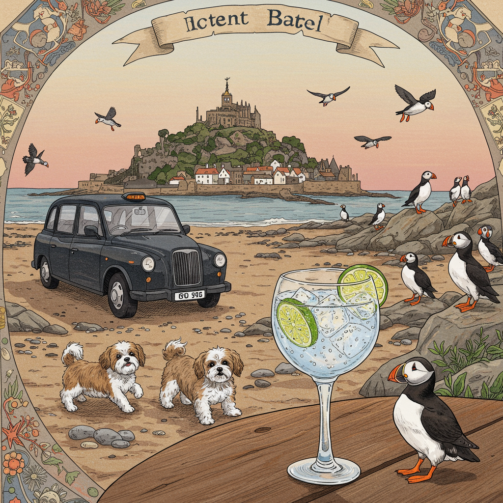 Front and center, a stunning seaside scene is laid out in intricate detail. The horizon is painted in shades of soft lavender and rose as the sun begins its descent, casting a golden hue over the iconic silhouette of St Michael’s Mount. The castle and rocky outcrop are rendered with fine cross-hatching reminiscent of Arthur Rackham's work, evoking a sense of grandiosity and history.

In the foreground, on a sandy beach scattered with smooth pebbles, three lively Shih Tzu dogs are playfully interacting. The two tan and white Shih Tzus are frolicking with their black and white companion, each strand of fur meticulously illustrated, capturing the fluffiness and playful energy of Maurice Sendak’s illustrations. Their bright, eager eyes and tiny paws create a delightful contrast against the rich, dark sands of the beach.

To the right, a flock of puffins is painted with Beatrix Potter-like precision. Their bold black and white bodies are highlighted with splashes of vivid orange on their beaks and feet, adding a lively pop of color. They perch on rocky outcrops and some are caught mid-flight, their wings elegantly sketched to show movement and freedom against the pale sky.

Resting on a beachside picnic table, a gleaming glass of gin and tonic is depicted with Maxfield Parrish's signature attention to light and color. The glass is filled with sparkling liquid, lime slices, and a hint of condensation, capturing the effervescence and clarity of a fresh drink under the setting sun. The table's wood grain is detailed with Norman Rockwell’s realistic texture, giving it a touch of the ordinary yet familiar.

Nearby, a classic London taxi is parked slightly askew, its glossy black exterior reflecting the sunset colors with Gustave Doré’s dramatic contrast. Its distinct shape is unmistakable, lending an urban touch to the otherwise natural setting.

Above this picturesque scene, a whimsical banner unfurls in the sky with Quentin Blake’s light and airy line work, carrying the name “Peter” in an elegantly looping script. The letters appear to be crafted from twinkling stars, subtly incorporating the upcoming night into the day's end.

This composition, rich with detail and inspired by various artistic influences, blends reality with a touch of fantasy, creating a card front cover that tells a story of love, adventure, and memory—all under the serene embrace of a seaside evening.
Generated with these themes: Seaside scene with st michael’s mount, 2 tan and white shih tzu dogs, 1 black and white shih tzu dog, Puffins, Gin and tonic , and London taxi.
Made with ❤️ by AI.