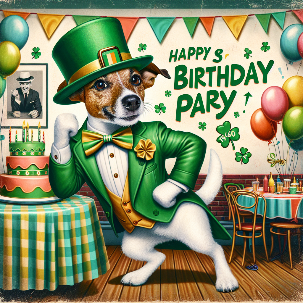 Create a humorous birthday illustration featuring a cheerful Jack Russell terrier dressed in vintage 1960s Irish-themed attire. This includes a green hat and bow tie. Positioned in the heart of a lively birthday party, the terrier is striking a playful pose, reminiscent of a famous pose from the 1960s but with a more jolly tone. The background is awash with retro decorations like balloons and streamers, contributing to the 60s ambiance.
Generated with these themes: Jack Russell , The krays, Irish, and 1960.
Made with ❤️ by AI.