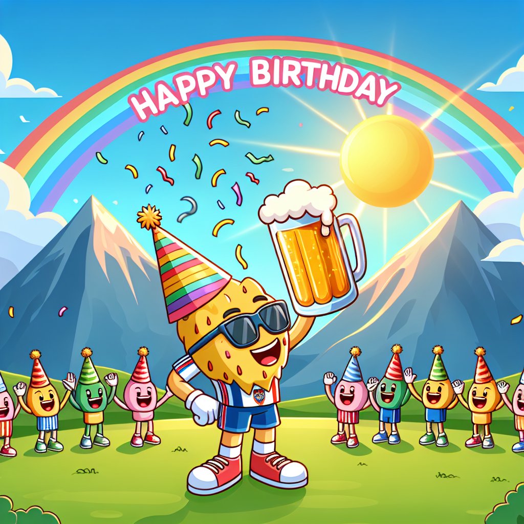 Visualize a birthday-themed adorable cartoon scene taking place in a picturesque outdoor setting. The backdrop showcases fun-loving mountains whose peaks are lightly touched by vibrant rainbows. The sun showers a warm, welcoming light over a group of joyous cartoon characters. Among these characters, a figure wearing attire reminiscent of famous football clubs, holding high a bubbly beer mug, raising a toast to the sky, as they all celebrate with a sense of happiness and fellowship.
Generated with these themes: Beer, Sheffield united, Mountains, Rainbows, and Sunshine.
Made with ❤️ by AI.