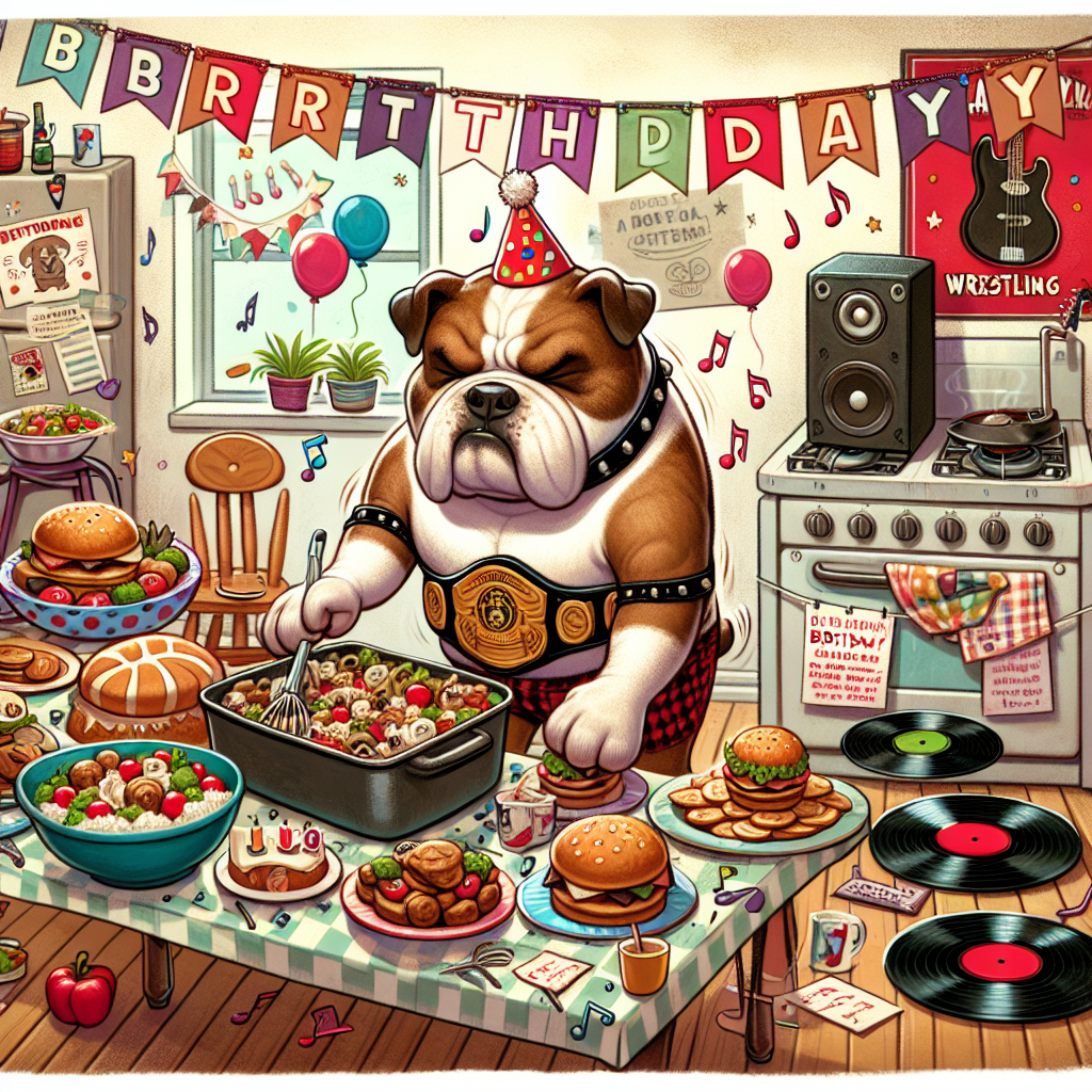 Create a whimsical, cartoon-style illustration of a festive kitchen. The main character is a brown and white American bulldog who is wearing a wrestling belt around its waist, making it seem like a champion at play, he's busy preparing a feast with a rock music twist. The items prepared seem to take on the traits of various musical instruments, adding character to the food. Rock wrestling posters and birthday banners contribute to the setting and scattered around the tables are actual musical instruments. Birthday decorations blend creatively with notes and vinyl records, dangling from strings across the room, offering a quirky, lively, and unique birthday atmosphere.
Generated with these themes: Brown and white American bulldog , Cooking, Rock music , Food, and Wrestling .
Made with ❤️ by AI.