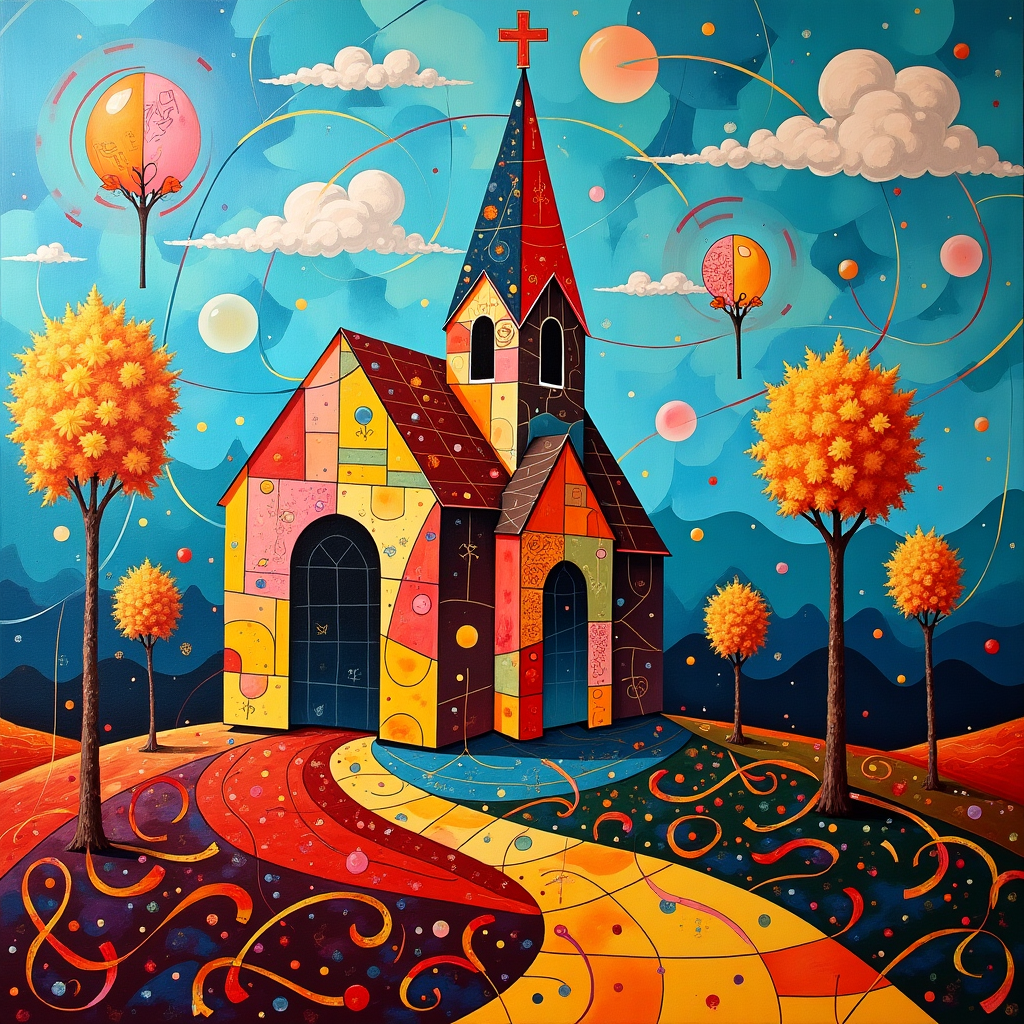 In the foreground of this surreal abstract birthday scene, imagine a vibrant, kaleidoscopic church constructed entirely of geometric shapes reminiscent of Mondrian’s grids but with a Kandinsky-inspired explosion of color—bold reds, deep blues, and vivid yellows, interspersed with stark blacks and whites. The steeple of the church spirals upward in a manner reminiscent of a De Kooning swirl, adorned with surreal Pollock-esque splatters in pastel hues. The stained glass windows are abstract puzzles of Rothko-like color blocks, adding depth and intrigue to the structure. 

Around the church, gifts float in mid-air, each wrapped in surrealistically patterned paper echoing Miró’s whimsical shapes and Twombly’s energetic scribbles. The gifts are buoyed by ethereal clouds, painted with a soft Richter blur. Above, a sky of Agnes Martin’s delicate grids shimmers with an iridescent sheen, interwoven with thin wisps spelling out "Happy Birthday Pastor N. Ndlovu" in a playful dance, reminiscent of clouds but with a distinct, almost celestial script that stretches across the canvas. 

In the background, rolling hills form through angular Malevich-style compositions, suggesting both stability and fluidity, while a path made of vivid confetti-like textures winds its way toward the church, drawing the eye deeper into the scene. This path is lined with abstract trees, their branches twisting in impossible ways, each leaf a small, shimmering gift itself, nodding to the theme of celebration. The entire scene is alive with a sense of abstract festivity, merging spiritual reverence with joyous exuberance, a fitting tribute to Pastor N. Ndlovu.
Generated with these themes: Celebration, Church , and Gifts.
Made with ❤️ by AI.