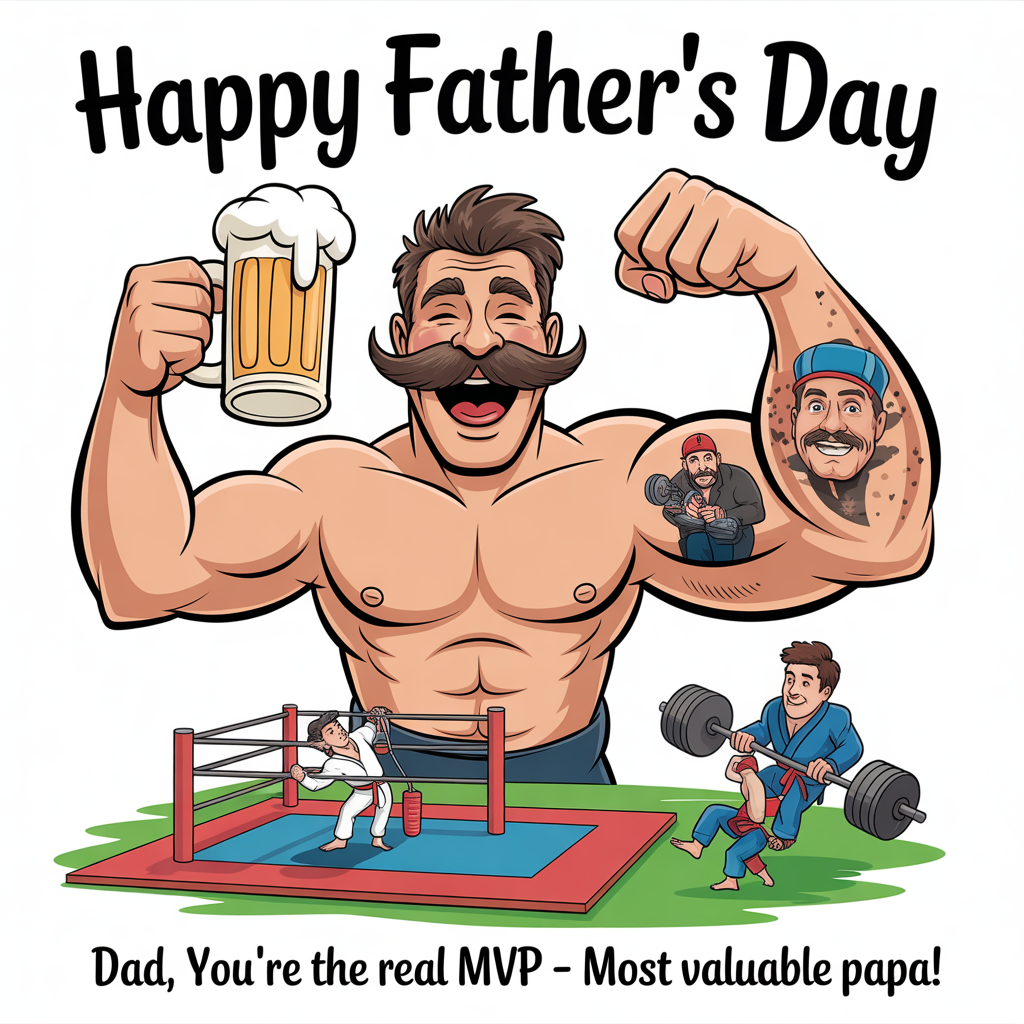 At the top of the image, "Happy Father's Day":

At the bottom of the image, "Dad, you're the real MVP – Most Valuable Papa!"

- In the center of the image, illustrate a playful cartoon scene featuring a jovial, barrel-chested dad with an exaggerated handlebar mustache. He is balancing a frothy mug of beer on one hand and flexing a bulging bicep with the other, where a comical tattoo of a Yankee cap-wearing giant lifting weights can be seen. Nearby, a tiny cartoon jiu jitsu mat shows mini wrestlers caught in an epic move. Bright colors and thick outlines capture the energetic mood.
Generated with these themes: Beer, Working out, Giants, Yankees, Jiu jitsu, and .
Made with ❤️ by AI.