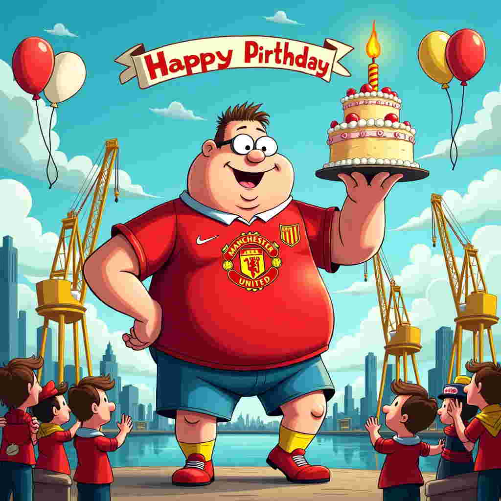 Imagine a lively, cartoonish birthday scene bursting with vibrant colors and playful exaggeration. The background is a whimsical interpretation of the Belfast skyline, with cartoonish, curvy buildings and a stylized, oversized depiction of the Harland & Wolff cranes, painted in bright yellow, towering playfully over the scene. 

In the foreground, the Belfast Giant takes center stage. He's drawn in a humorous, exaggerated style reminiscent of Charles Schulz's Peanuts characters, with a round, friendly face, big eyes, and a wide, playful grin. His oversized hands hold a massive birthday cake, topped with a single, enormous candle, the flame flickering in vibrant oranges and reds. The cake is adorned with white icing and tiny red and yellow soccer balls, a nod to Manchester United, with a tiny red "MU" flag planted at the top.

The Giant wears a cartoonishly large Manchester United jersey, its bold red hue contrasting against the backdrop. The jersey is exaggerated in size, with the iconic logo prominently displayed on his chest. His shorts and shoes are equally oversized and playful, completing his whimsical appearance.

Above the scene, a bright blue sky is dotted with fluffy white clouds. A colorful banner stretches across the sky, with the name "Angela" elegantly written in bright, bold letters that seem to float amidst the clouds, capturing the viewer's attention.

In the corner of the scene, a small group of cartoon figures cheer joyfully, some wearing Manchester United scarves and hats, others playfully mimicking the giant's oversized style. Balloons in red, white, and yellow float above their heads, adding to the festive atmosphere.

Overall, the scene is a blend of playful caricature and vibrant colors, capturing the essence of a joyous birthday celebration with a touch of Belfast and Manchester United charm.
Generated with these themes: Belfast giant , and Man united.
Made with ❤️ by AI.