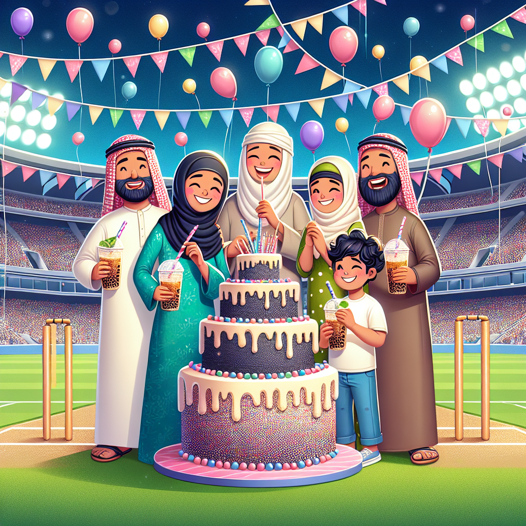 Drawing of a birthday party in a cricket stadium where the family is celebrating and sipping bubble tea, with a large birthday cake on the pitch.
Generated with these interests: Cricket , Family , and Bubble tea.
Made with ❤️ by AI.