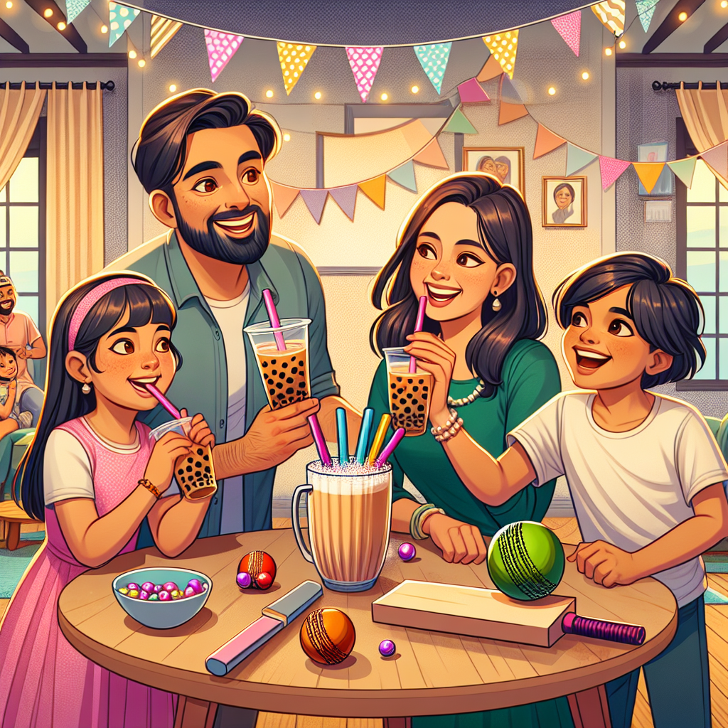 Illustration of a festive birthday scene where cricket bats and balls are used as decorative elements, the family is gathered around a table sipping bubble tea, with a birthday banner overhead.
Generated with these interests: Cricket , Family , and Bubble tea.
Made with ❤️ by AI.