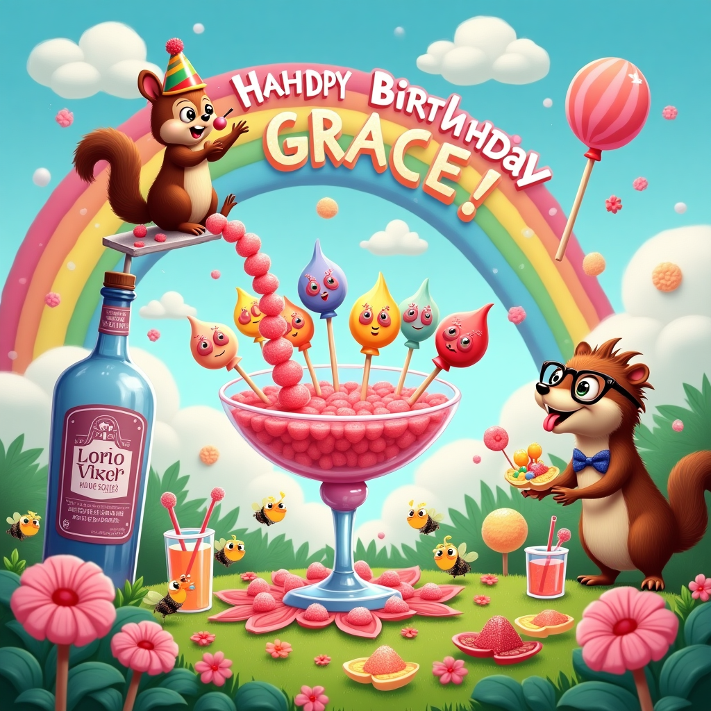 In this whimsical birthday card scene, envision a lively cartoon setting taking place in a magical garden of giant lollipops and cocktail glasses. At the center, a mischievous squirrel, wearing a tiny party hat, is enthusiastically juggling brightly colored lollies while perched atop a large vodka bottle that serves as a playful slide for a stream of various flavored mixers pouring into a giant punch bowl. A group of animated lollipops with smiling faces, resembling a jubilant choir, are gathered around the bowl, their sticks bent like arms waving with excitement. Above this festive gathering, a rainbow arches across the sky, with "Happy Birthday Grace!" written in bubbly letters formed by fluffy cotton candy clouds. Scattered around are cartoon bees, each holding miniature straws, buzzing with joy as they sip from tiny glasses of soda perched on flower petals. To the side, a hedgehog in a bow tie and glasses can be seen carefully crafting an intricate sculpture out of sugar cubes, which mirrors the letter "G" for Grace, his tongue sticking out in concentration. The entire scene is bursting with vibrant colors, from the sparkling effervescent mixers to the vivid hues of the oversized candy decor, capturing a sense of delightful chaos in this sweetly spirited birthday celebration.
Generated with these themes: Vodka mixers, Lollies, and .
Made with ❤️ by AI.