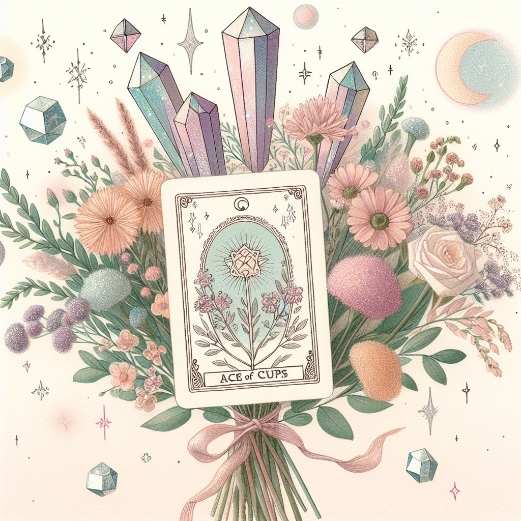 Create a whimsical birthday card design with illustrative elements. The prominent features are a constellation of shimmering crystals floating above a bouquet of assorted flowers. The bouquet is embellished with a delicately illustrated tarot card, specifically the 'Ace of Cups.' This tarot card, positioned at the center of the bouquet, symbolizes a birthday blessing of emotional fulfillment and joy. The entire composition showcases a subtle pastel color palette, giving the illustration a peaceful and dreamy quality. This atmosphere is meant to complement the celebratory nature of a birthday.
Generated with these themes: Tarot, and Crystals.
Made with ❤️ by AI.