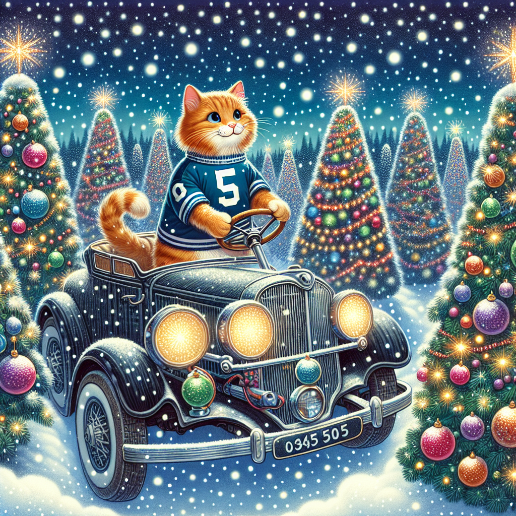 Illustration of a snowy Christmas setting, featuring a cat in a football jersey driving a vintage car through a forest of Christmas trees.
Generated with these interests: Cath, Cars, and Football.
Made with ❤️ by AI.