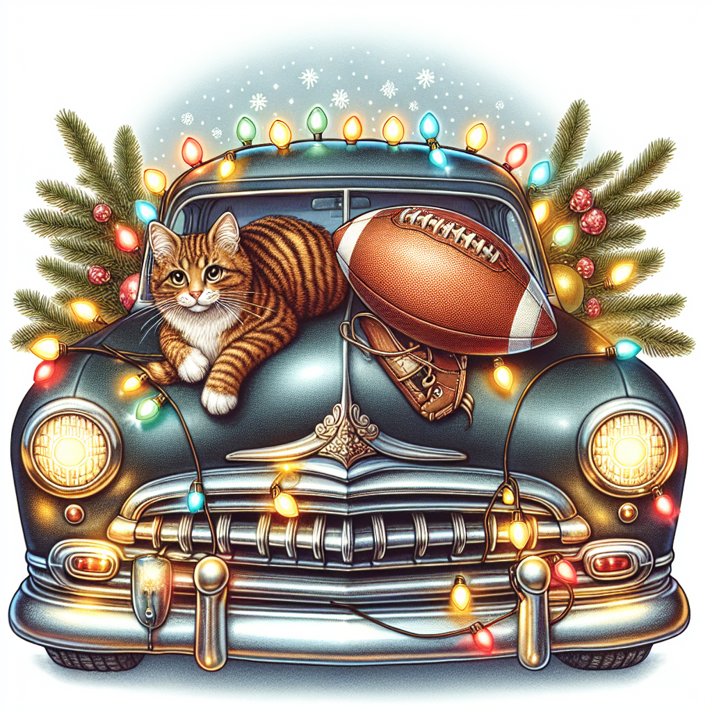 Drawing of a festive Christmas scene where a cat is nestled comfortably on the hood of a classic car, decorated with twinkling Christmas lights, with a football-themed ornament hanging from the rearview mirror.
Generated with these interests: Cath, Cars, and Football.
Made with ❤️ by AI.