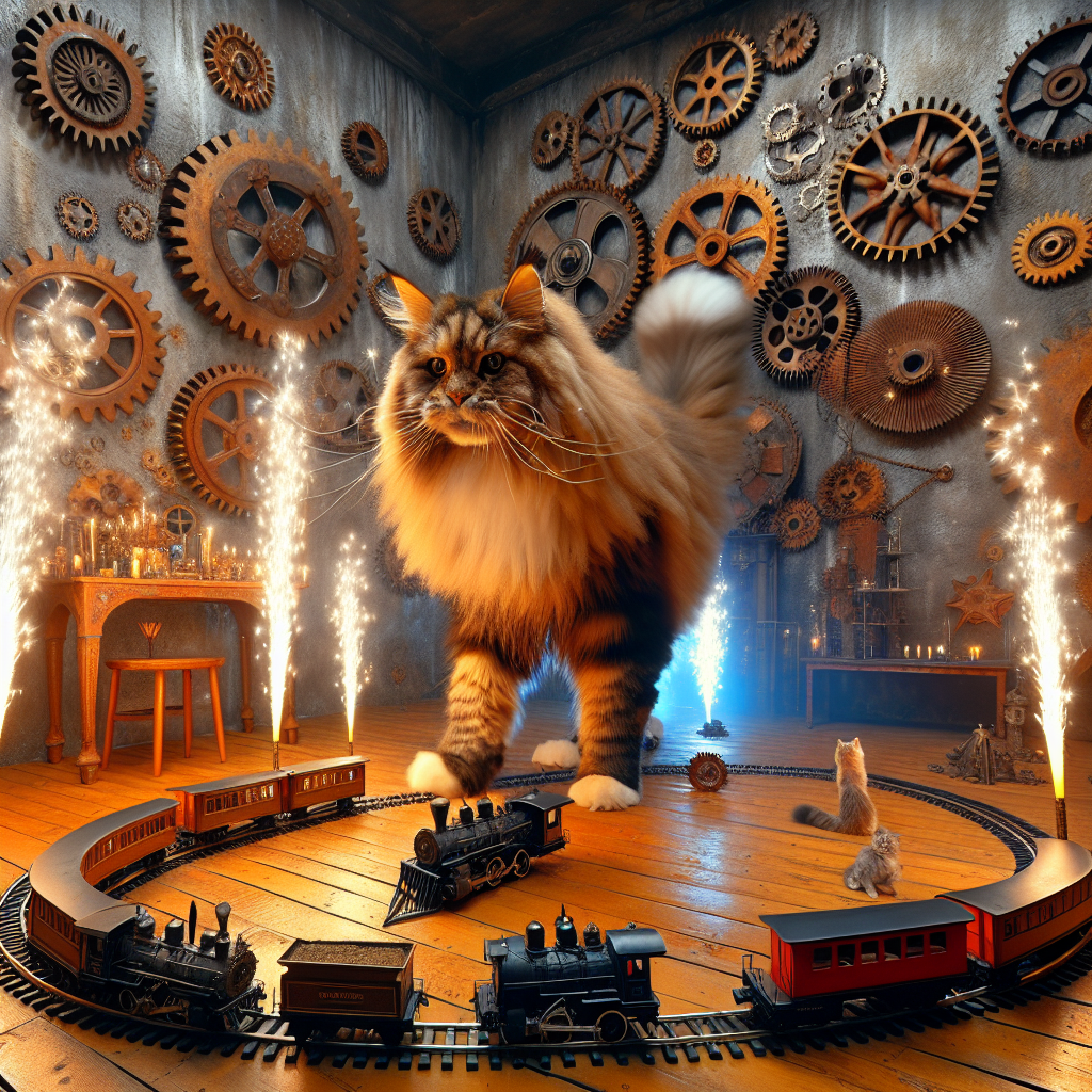Picture an unusual birthday celebration. In this scene, large and fluffy Maine coon cats are seen dancing around a room that's steeped in the aesthetics reminiscent of the Industrial Revolution. The walls are heavily adorned with rustic gears, while mini steam engine trains follow winding tracks around the guests' tables. Heavy metal music serves as an aural backdrop, timed in perfect sync with striking, pyrotechnic science demonstrations that brighten the room with each explosive note, creating a harmonious blend between the intense energy of metal music and the magic of scientific exploration.
Generated with these themes: Maine coon cats, Industrial steam locomotives , Heavy metal music, and Science.
Made with ❤️ by AI.
