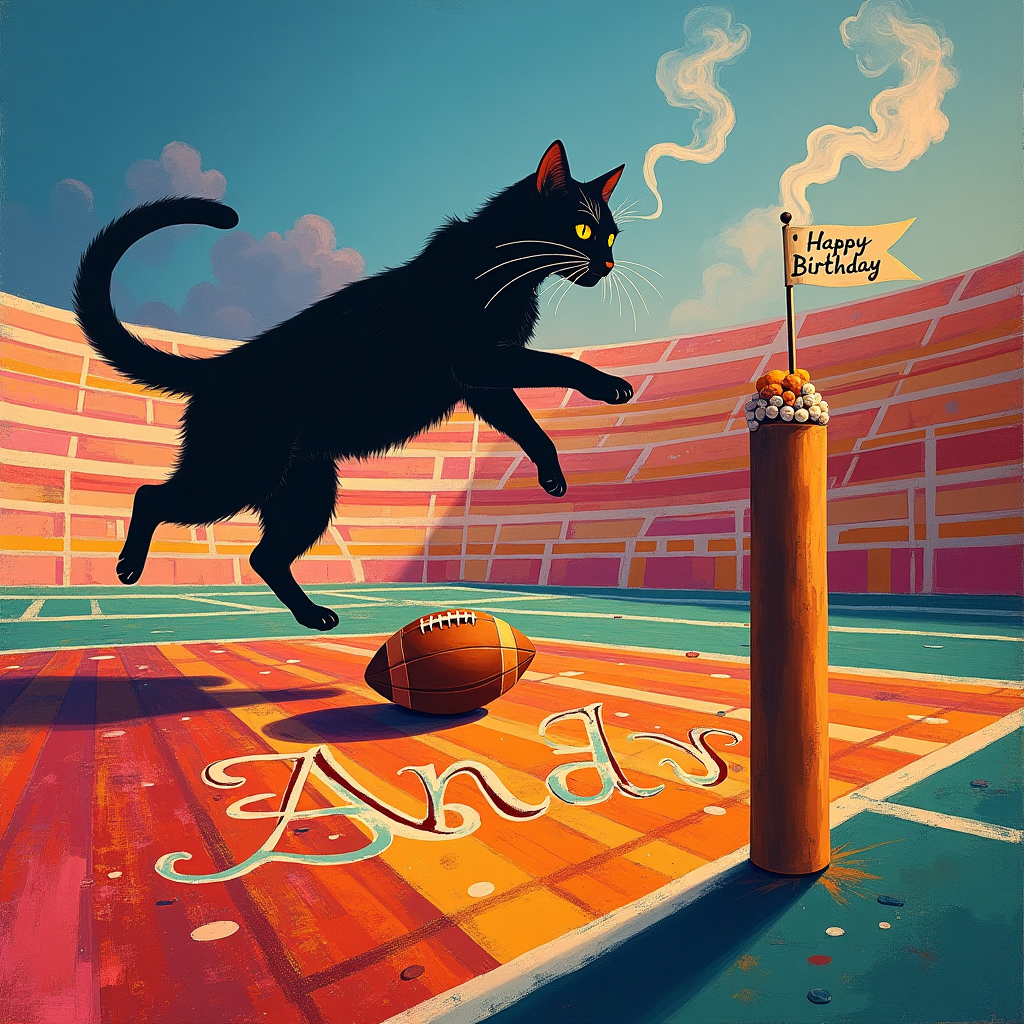 In this surreal abstract birthday card design, the scene unfolds on an expansive, kaleidoscopic football field, painted with geometric precision reminiscent of Piet Mondrian's grid patterns, but with a twist: the lines are curves and spirals instead of straight, embracing Kandinsky's sense of rhythm. At the center of the field, a large black cat, its fur a riot of splattered colors in the style of Jackson Pollock, leaps gracefully through the air, its paws outstretched as if playing with an oversized football. This football is not your average ball; its surface is a mosaic of Rothko-esque color fields in deep reds and bright oranges, each section carefully textured to look like swirling smoke trails. 

On the sidelines, a giant, elegant cigar stands upright, like a column from a de Kooning painting, its wisps of smoke curling upwards into the sky where they form the name "Andy" in whimsical, cloud-like letters, reminiscent of the playful forms in Joan Miró's works. The background is a series of minimalist, concentric rectangles inspired by Kazimir Malevich, but filled with the delicate, linear scribbles of Cy Twombly, adding an additional layer of movement and energy to the scene. Off to one side, a small abstract birthday cake composed of stacked cubes and spheres, painted in soothing pastel tones like Agnes Martin’s palette, balances delicately on the tip of the cigar. Above it, a tiny football flag flutters, marked with "Happy Birthday" in a script as fluid and dynamic as Richter's abstract brushstrokes. The entirety of this scene is set against a backdrop of a twilight sky, softly transitioning from deep blues to vibrant pinks, enveloping the field in a surreal dreamscape.
Generated with these themes: Black Cat, Football, and Cigar.
Made with ❤️ by AI.