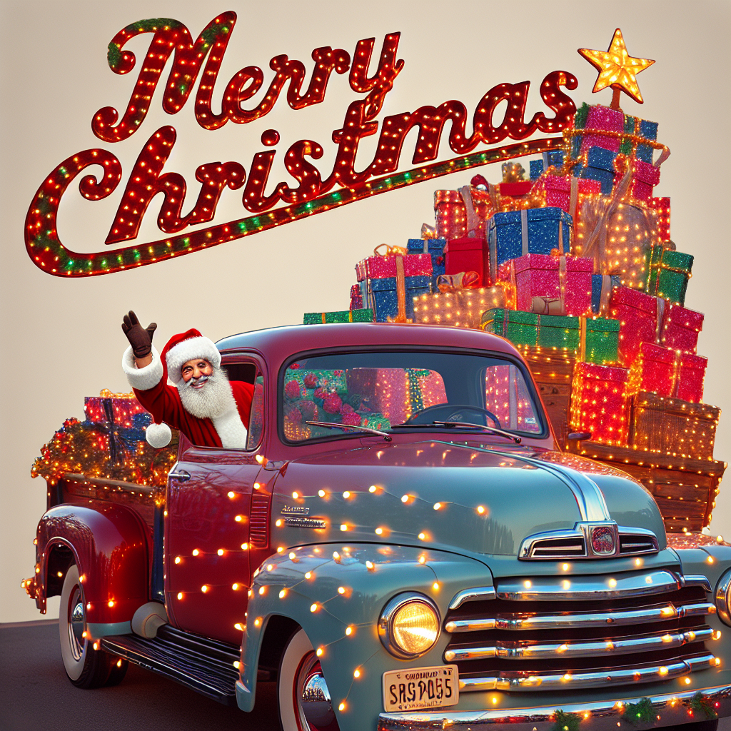 A cheerful scene where a vintage truck, decked with dazzling Christmas lights, carries a mountain of gifts in its bed. A jolly Santa Claus leans out the driver's side, waving. 'Merry Christmas' is emblazoned above the scene in a festive, cursive font.
Generated with these themes: Truck with gifts.
Made with ❤️ by AI.