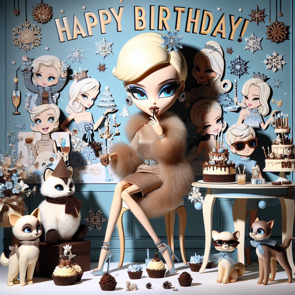 A festive birthday scenario rendered in a delightful cartoon style is the main highlight. The main character, an iconic fashion doll noted for her blonde hair and chic ensemble, steals the spotlight. She's surrounded by lovable animals of all types, radiating warmth and furry charm. The atmosphere marinates in the rich, indulgent scent of chocolate, and a table topped with decadent chocolate cupcakes adds to this defining aroma. An upbeat banner proclaiming 'Happy Birthday!' hovers over the entire scene. In a nod to a beloved, chill-themed animation, intricate decorations in tones of icy blue and white punctuate the scene. The concept of elegance and strong sisterhood is displayed on the walls through abstract and stylized decorations, including elegant snowflakes and the silhouette of two close sisters.
Generated with these themes: Barbie, Dogs, Chocolate, and Frozen.
Made with ❤️ by AI.