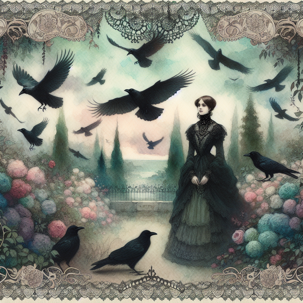 Illustration imbued with Victorian influence, displayed through the intricate patterns and lacework that frame this image. A flock of crows scatter silently across the scene on a watercolour canvas, their black feathers offering a stark contrast to the dreamlike wash of colors that depict an enchanting garden. At the heart of the garden stands a serene and composed woman, reminiscent of a known female literary figure from the early 20th century with gentle features and poised demeanor. This picture encapsulates a low-key celebration of time passage amid the timeless allure of the artwork.
Generated with these themes: Victorian style, Crows, Watercolour paintings, and Virginia Wolf.
Made with ❤️ by AI.