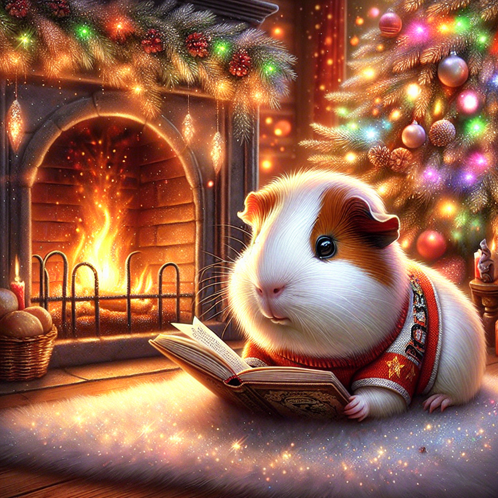 Illustration of a guinea pig dressed in a football kit, reading a book by a cozy Christmas fireplace with a tree in the background.
Generated with these interests: Football, Guinea pigs, and Books.
Made with ❤️ by AI.