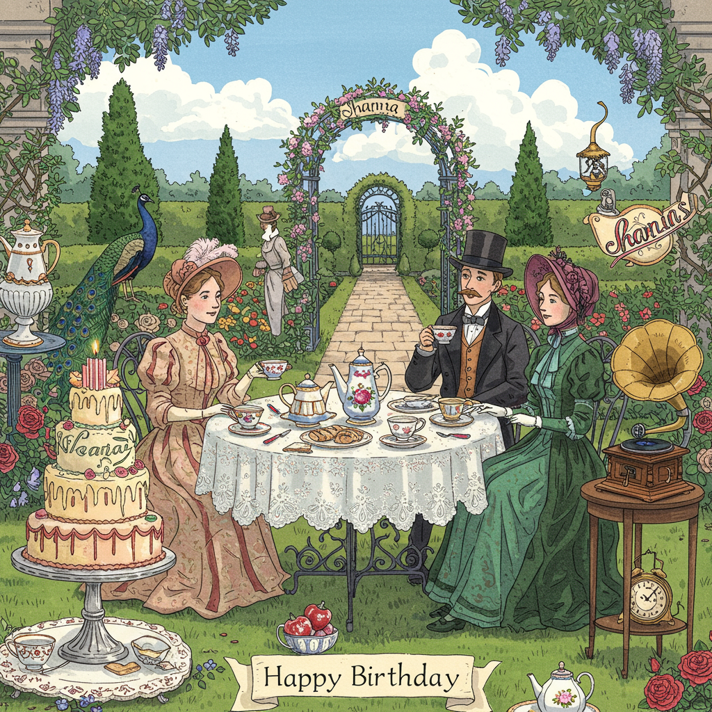 The birthday card cover features a lively, hand-drawn scene set in a Victorian-style garden, brimming with details. At the center, a grand Victorian tea party is taking place on an ornate wrought iron table. The table is draped with a lace tablecloth, upon which sits an array of delicate china teacups and teapots, painted with intricate floral designs in shades of cobalt blue and rose pink.

Seated around the table are figures clad in Victorian attire: women in elaborately embroidered gowns of emerald green and deep burgundy, with lace gloves and bonnets adorned with ribbons and feathers. A gentleman in a charcoal tailcoat and top hat raises his teacup in a toast.

To the left, a tiered cake stands tall on a silver pedestal, extravagantly decorated with sugar flowers and icing scrolls. The name "Shania" is cleverly inscribed across a banner made of sugar ribbon flowing across the cake.

The garden setting is lush with detail: verdant hedges trimmed to perfection, topiary sculptures of peacocks, and beds of vibrant roses in hues of crimson and ivory. A wrought iron arch entwined with blooming wisteria frames the background, where a cobblestone path meanders through the garden.

In the foreground, a small table hosts a vintage gramophone, its brass horn gleaming in the sunlight. Beside it, a teapot-shaped clock ticks away on a stand, its hands pointing to tea time.

Overhead, the sky is an expanse of cerulean blue with fluffy cumulus clouds drifting lazily by. In one of the clouds, the word "Shania" appears subtly, crafted as if by a whimsical breeze.

Every element is illustrated with detailed line work reminiscent of Aubrey Beardsley's intricate style, yet infused with the whimsy of Beatrix Potter's and the vibrant colors akin to Maxfield Parrish's palette.
Generated with these themes: Victorian dress, Garden, British style, and Tea.
Made with ❤️ by AI.