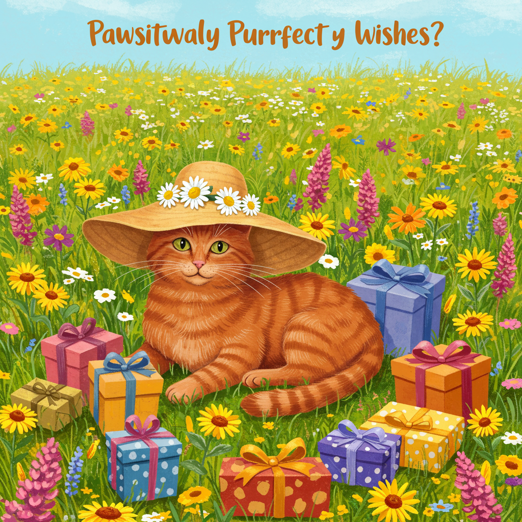 **Image Prompt:**

Imagine a sun-drenched meadow bursting with vibrant wildflowers, each petal glowing in the warm summer light. In the center of this colorful landscape, a charming red cat lounges contentedly, its fur gleaming like polished copper under the sun's gentle caress. The cat wears an oversized, whimsical sunhat adorned with a band of tiny daisies, adding to its playful charm. Around the feline, a delightful assortment of gift-wrapped presents are scattered, each box wrapped in bright, cheerful patterns with large bows on top. A gentle breeze carries the sweet fragrance of the flowers through the air, completing the idyllic scene. Above the tableau, in a playful, hand-lettered script, the caption reads: "Pawsitively Purrfect Birthday Wishes!"
Generated with these themes: Summer, Red cat, Flowers, Presents, and .
Made with ❤️ by AI.