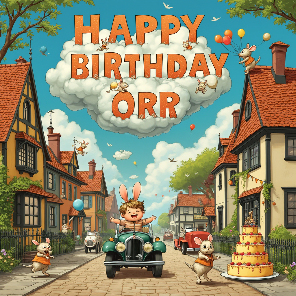 The front cover of this birthday greeting card features a whimsical and bustling scene set in a fantastical village reminiscent of Norman Rockwell's charming Americana mixed with the intricate linework of Aubrey Beardsley. Imagine a cobblestone street lined with quaint, colorful cottages with exaggerated rooftops, like something out of Maurice Sendak's playful imagination. The center of the scene features a classic car parade, echoing N.C. Wyeth's adventurous spirit, with various quirky vehicles made of all sorts of imaginative materials – from teapots to giant roller skates – whizzing down the street. 

Amidst the parade, the central figure, a cartoonish figure with Edward Gorey's flair for the slightly absurd, is joyously driving a new car that appears to be a shiny blend of Beatrix Potter’s animal-like charm, complete with rabbit ears on the hood. Overhead, a blue sky painted in Maxfield Parrish’s signature vibrant hues is adorned with fluffy clouds, among which the name "Tyiisha Orr" is artfully spelled out, each letter formed by playful cloud creatures akin to Quentin Blake's expressive characters. These cloud creatures are having their own little party, some are holding balloons while others dangle banners that say "Happy Birthday Tyiisha Orr!" in Gustave Doré’s exquisite calligraphy.

On the side of the street, a giant birthday cake sits, extravagantly decorated with Arthur Rackham-inspired foliage and characters that dance around it, including a small mouse in a party hat climbing up the side with a candle in its tiny paws. Each element in the scene contributes to a joyous cacophony of celebration, inviting Tyiisha Orr to enjoy not just a new year but also the playful promise of new adventures, complete with a whimsical new car.
Generated with these themes: I hope you have an amazing year coming up , and Get a new car.
Made with ❤️ by AI.