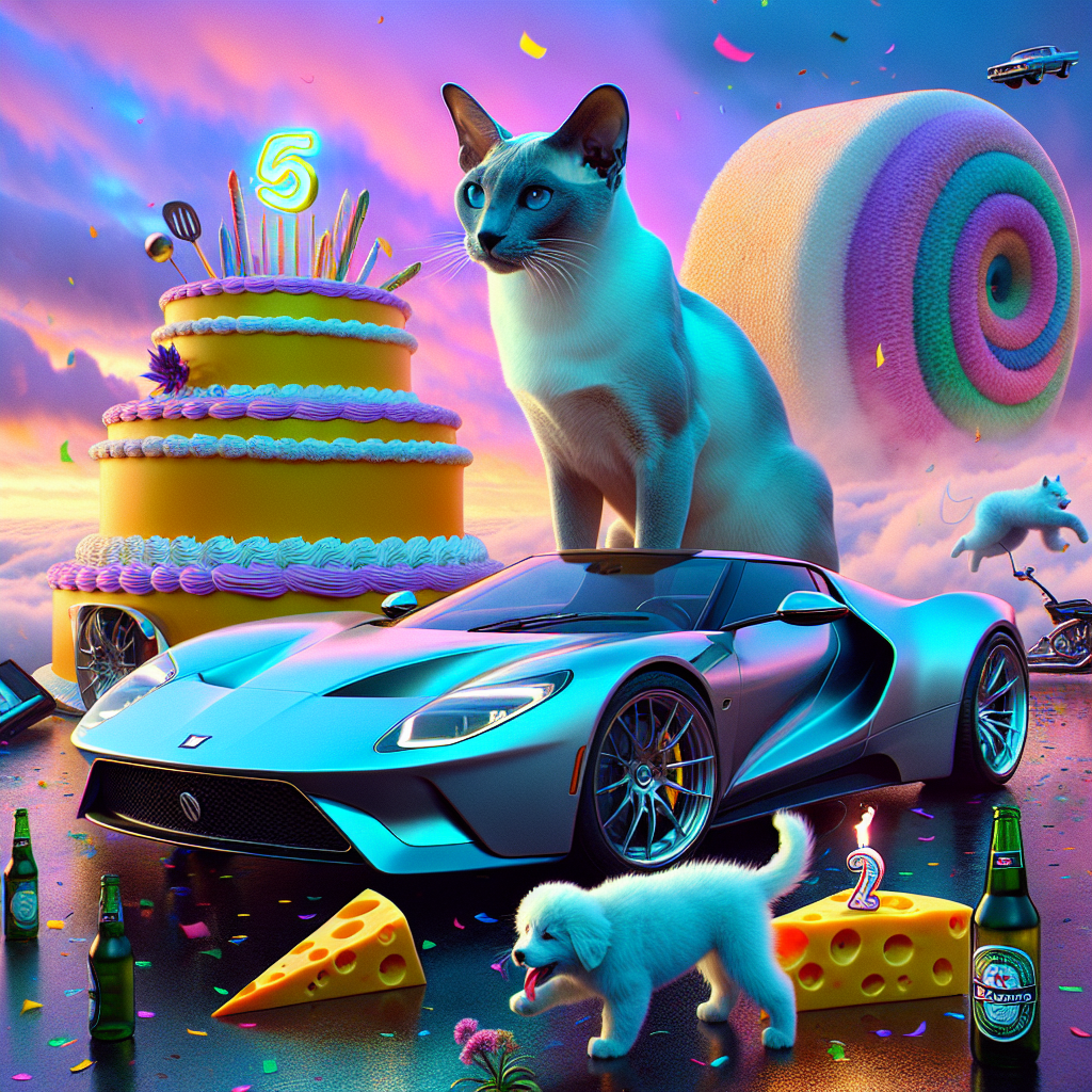 In this surrealist image, a majestic Burmese cat is situated behind the steering wheel of a meticulously polished sports car, surrounded by a fantastical world where the sky is a maelstrom of soft, pastel colors. A generic blue pup playfully cavorts around the vehicle, a vibrant spray of confetti trailing in his wake. Adjacent to the car, atop an enormous wheel of primula cheese, sits a birthday cake with a glowing emblem of a popular online video platform atop it, replacing the traditional candle. Strewn about the setting, giant bottles of beer sprout up like bizarre flora, their elongated necks seeming to wish the cat a cheerful birthday celebration.
Generated with these themes: Burmese cat, Porsche , Bluey, Beer, Primula cheese, and You tube.
Made with ❤️ by AI.