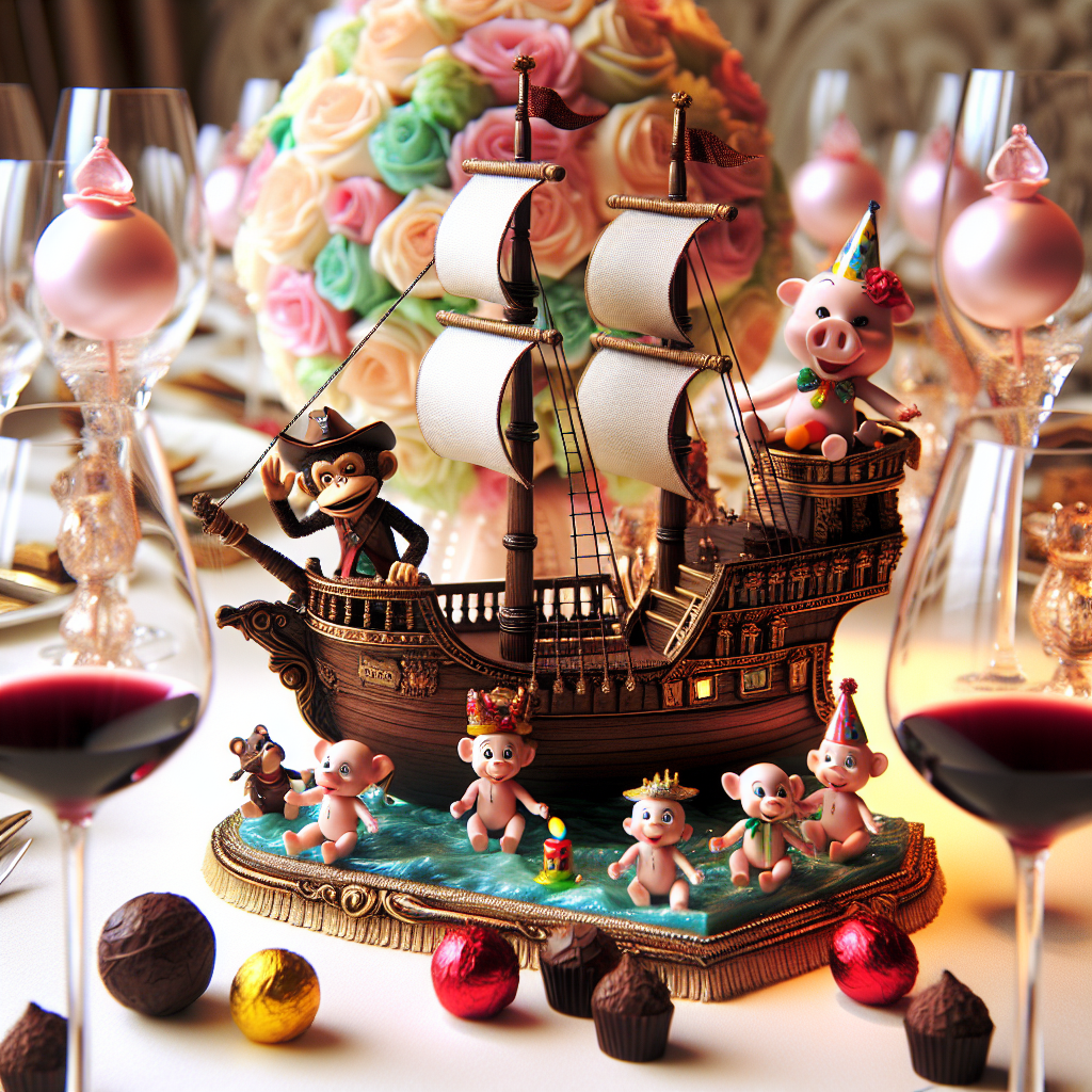 An enchanting setup celebrating a special day showcases an exquisitely crafted ship as the focal point of the table. The ship is decked out with a lively ensemble of animated animal figures; a monkey wearing a celebratory hat is seen steering the ship, while a pig with a small colourful balloon tied to its midriff complements the whimsical scene. Surrounding this centerpiece are decadent chocolate truffles, meticulously packaged and shining like valuable treasures. Adjacent to these, stand stylish glasses brimming with a deep, luscious red wine, poised for a cheerful gesture of celebration.
Generated with these themes: Ship, Monkey , Pig, Chocolate , and Wine .
Made with ❤️ by AI.
